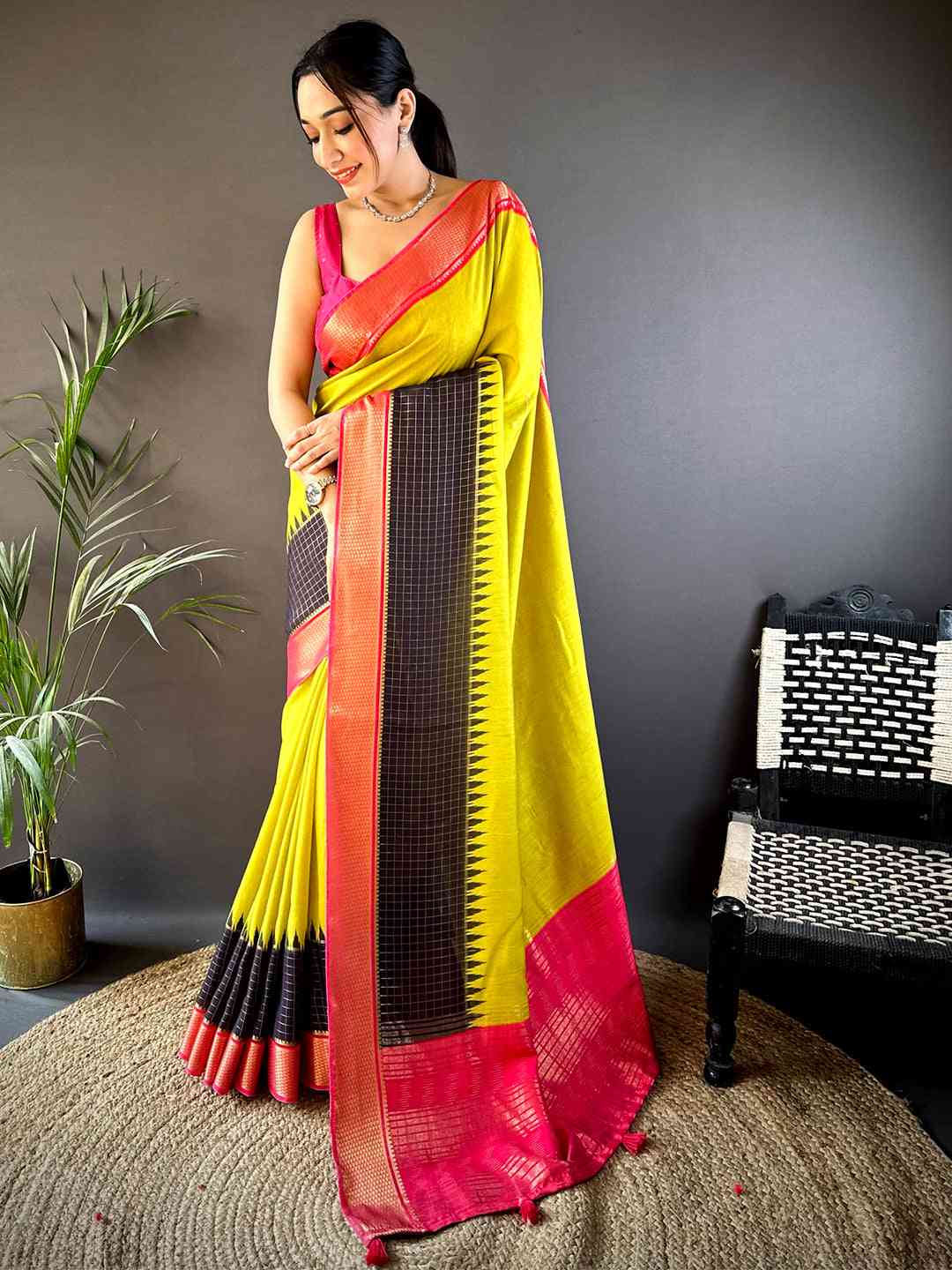 Lemon Yellow Zari Pallu Cotton Viscose Saree by My Store