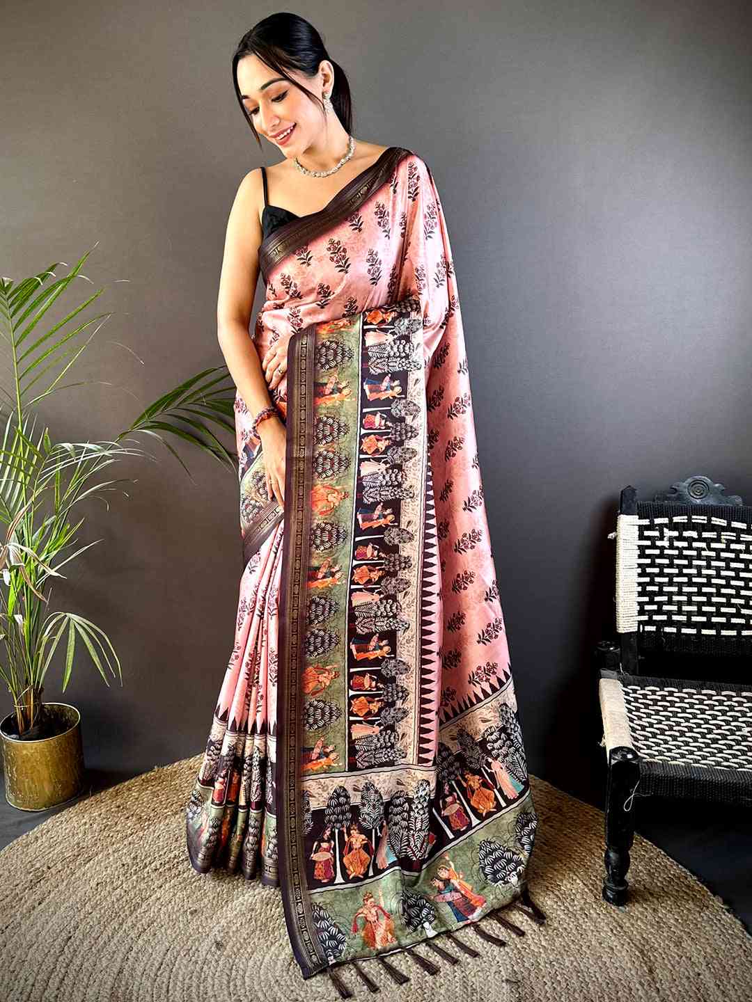 Pink Soft Silk Bird Kalamkari Print Saree by My Store