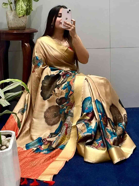 Incredible Pen Kalamkari Linen Tissue Soft Saree by My Store