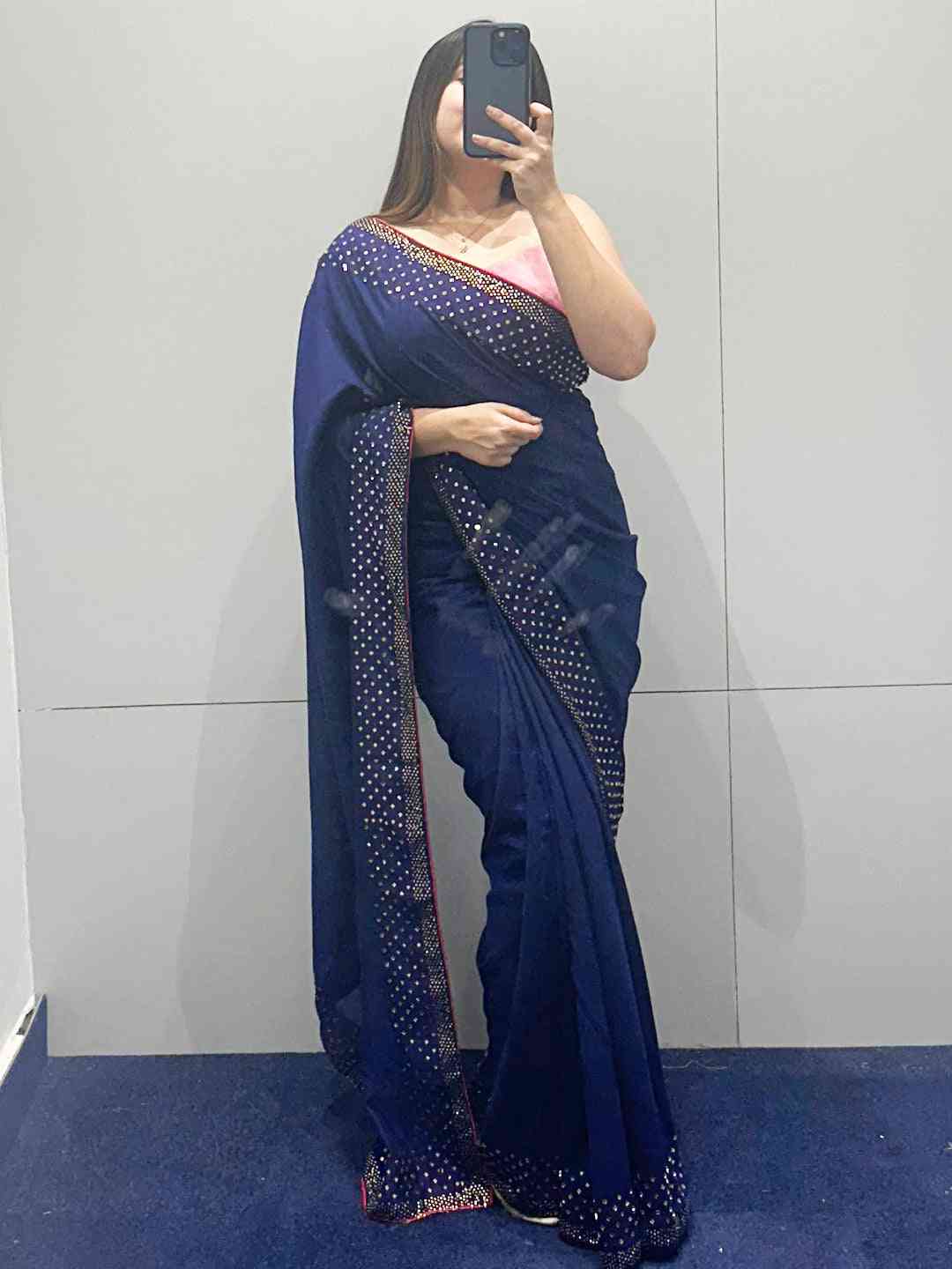 Navy colour Vichitra Silk Saree With Embellish Swarovski Stone work by My Store