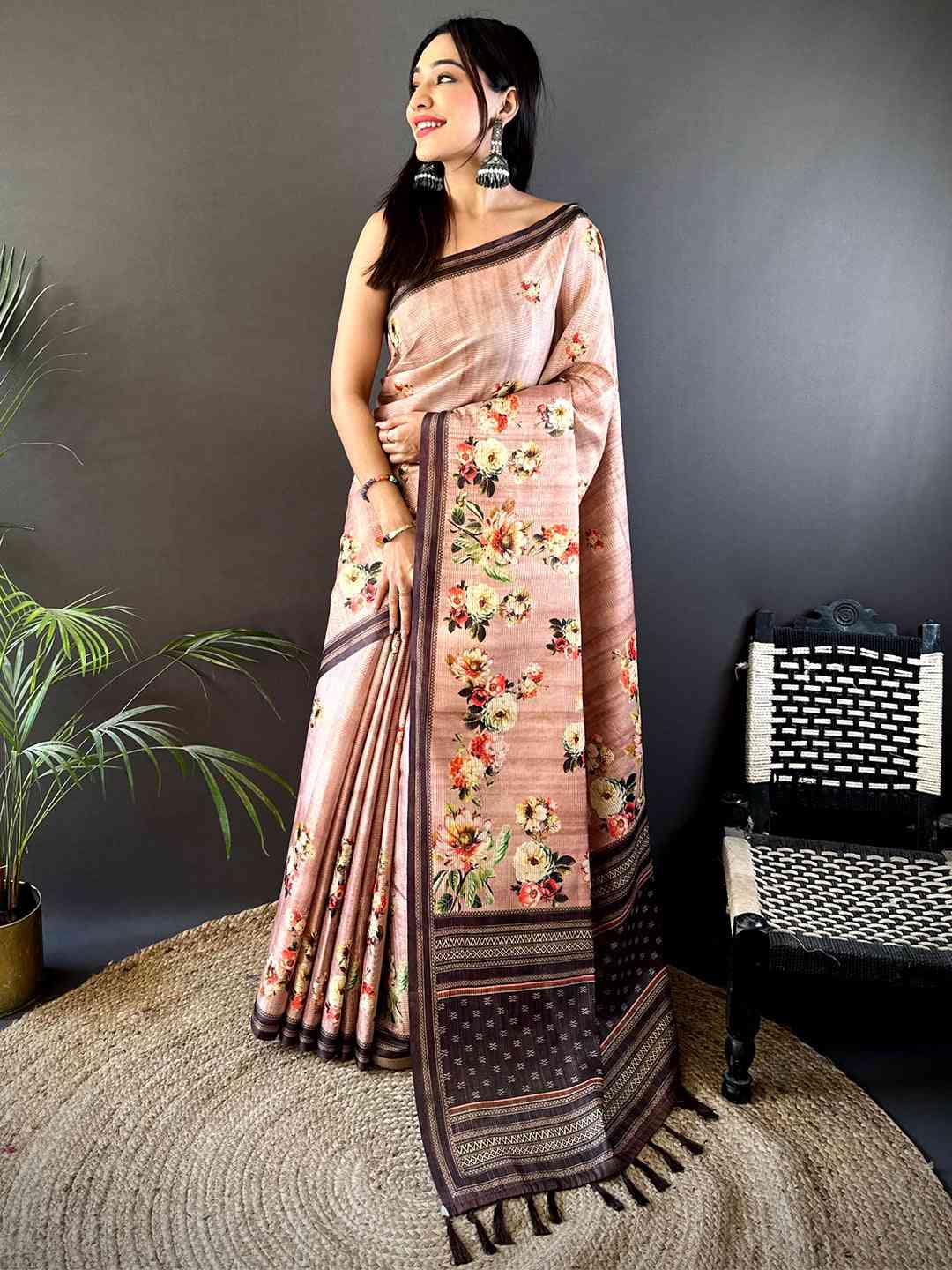 Floral Beauty in Blush Pink Tussar Zari Saree by My Store