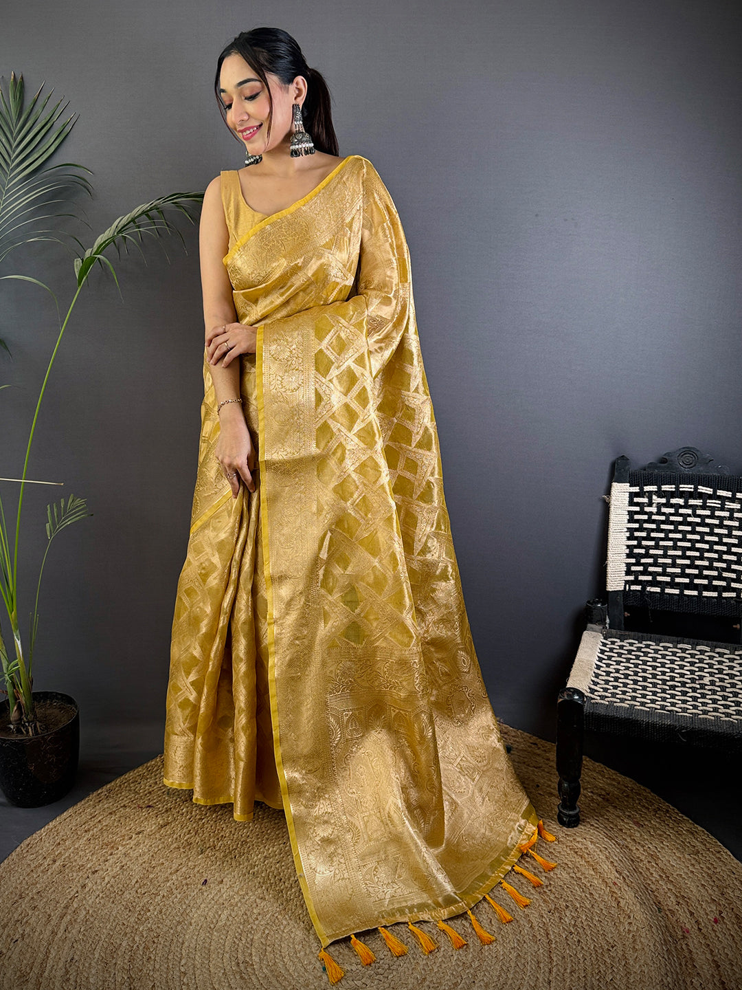 Yellow Tissue Jarokha Zari Weaving Saree
