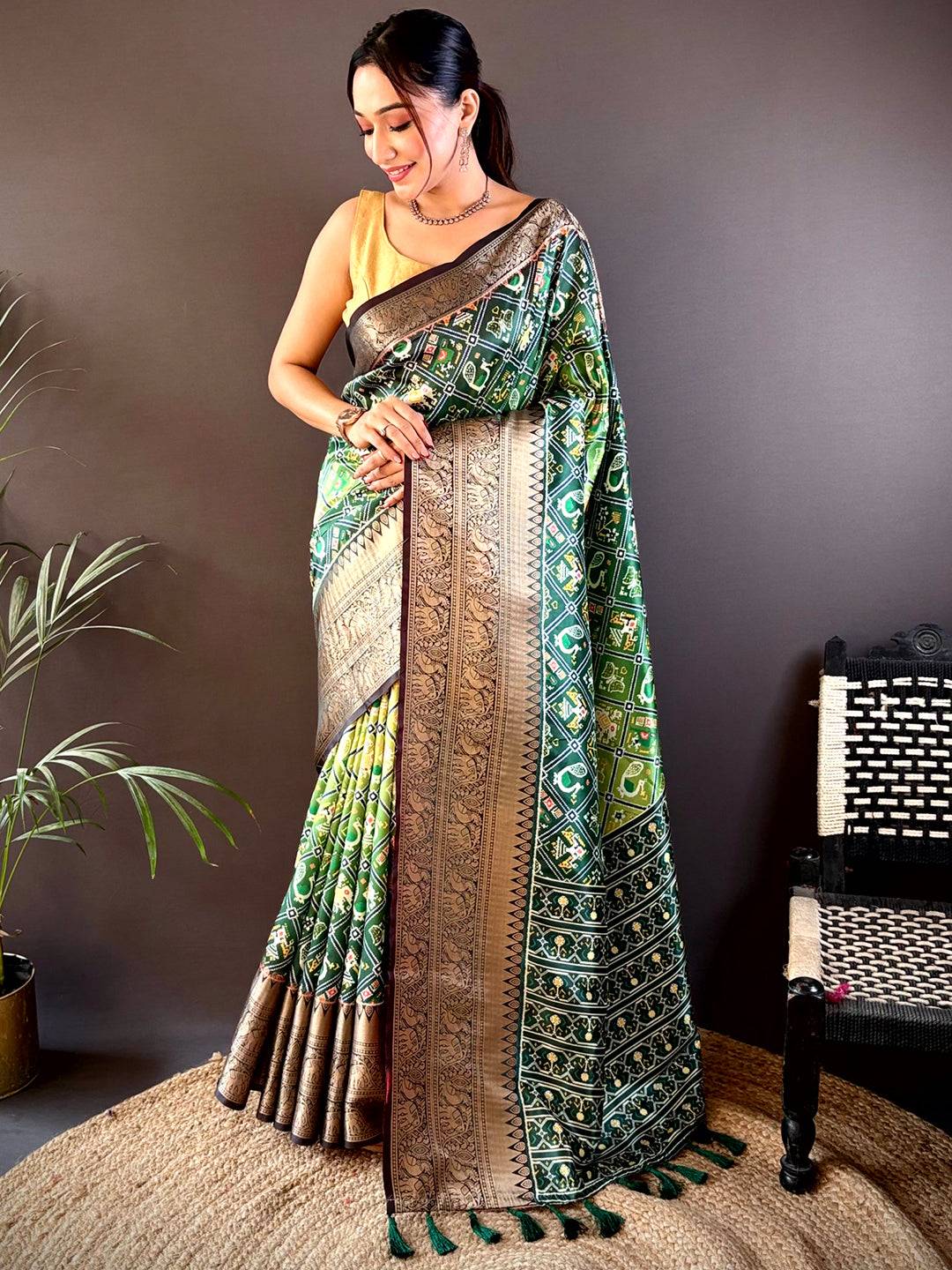 Ombre Green Soft Silk Patola Print Saree