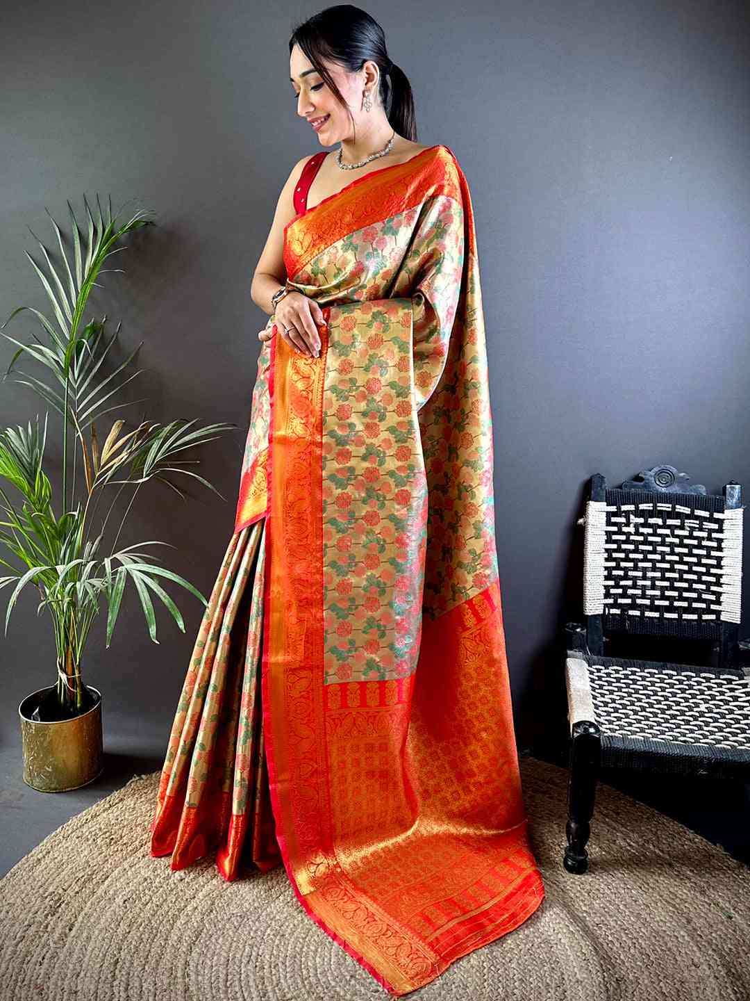 Radiant Red Floral Dharmavaram Silk Saree by My Store