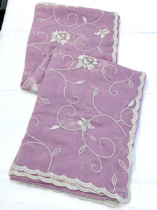 Lavender Georgette Sequin Embroidery Saree by My Store