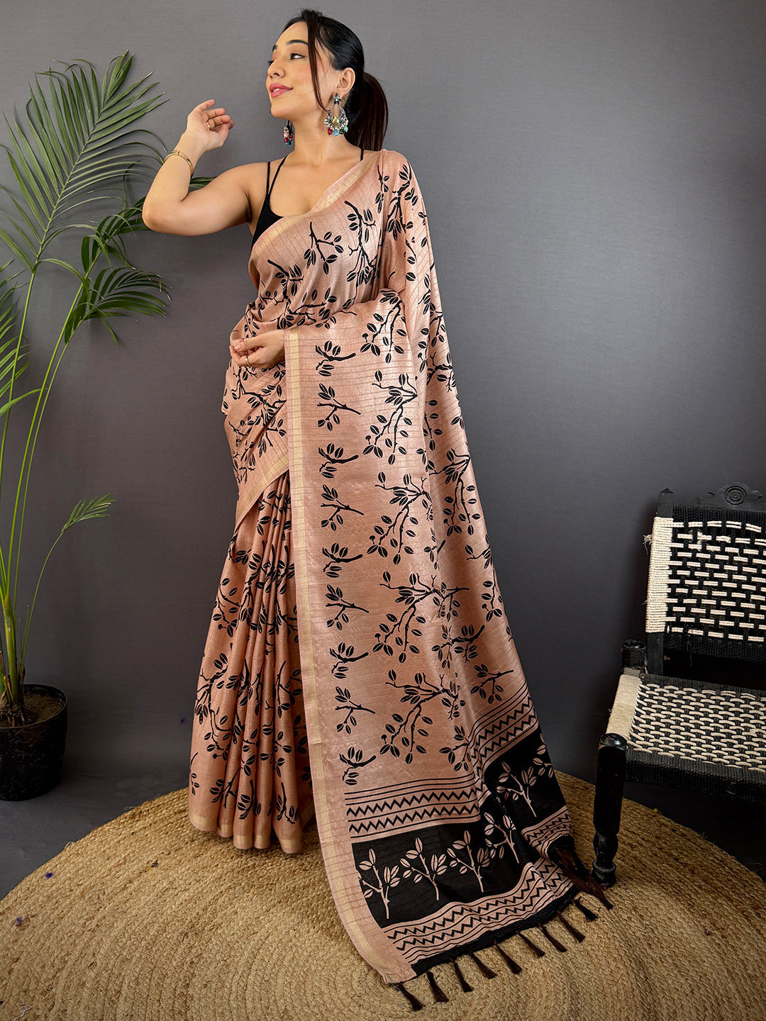 Peach Ghicha Leaf Print Saree by My Store