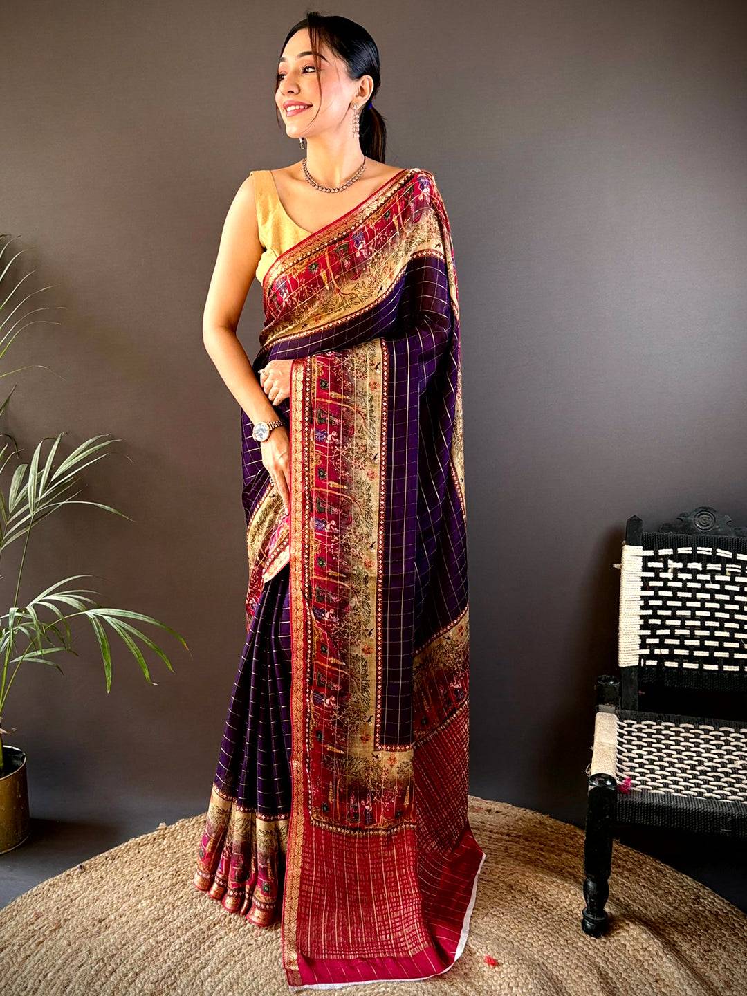 Indigo Chinnon Chiffon Kalamkari Saree by My Store