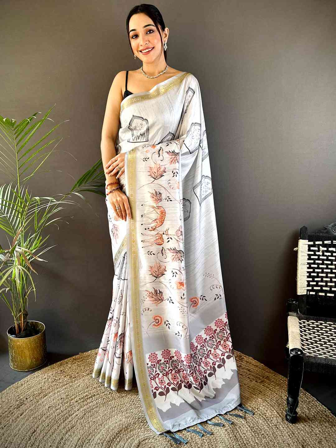 Grey Forest Phulkari Kalamkari Print Saree by My Store