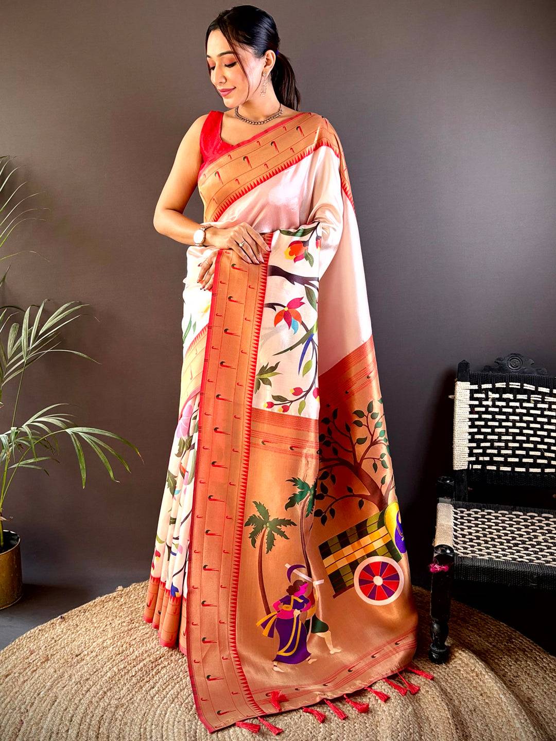 Snow White Minakari Soft Silk Saree by My Store