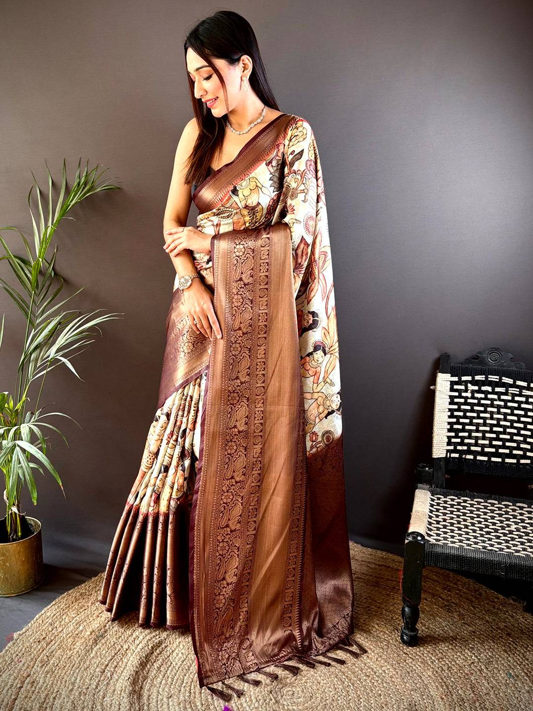 Regal Brown Soft Silk Saree With Pattu Zari Border by My Store
