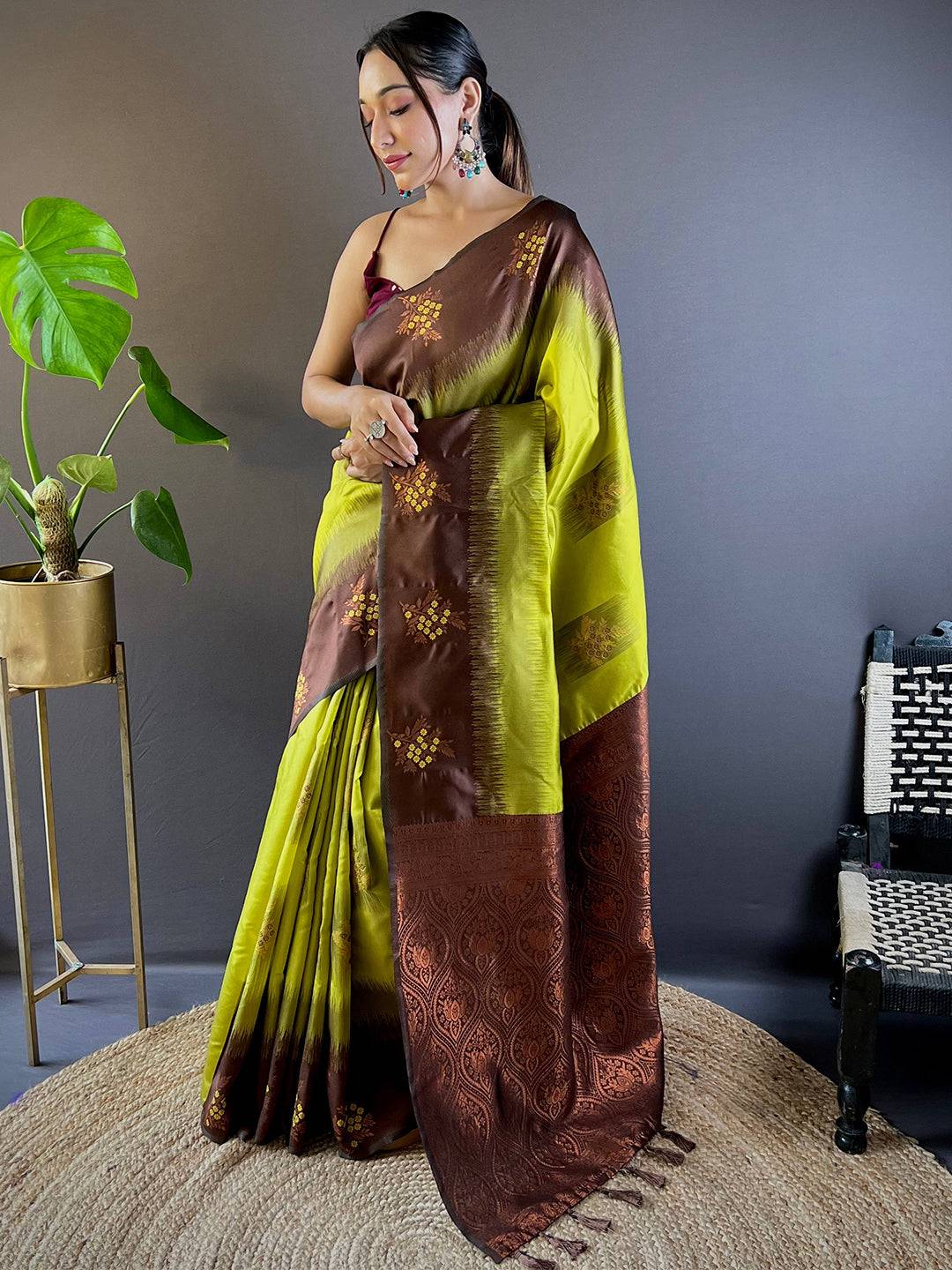 Green Sami Banarasi Tussar Silk Saree by My Store