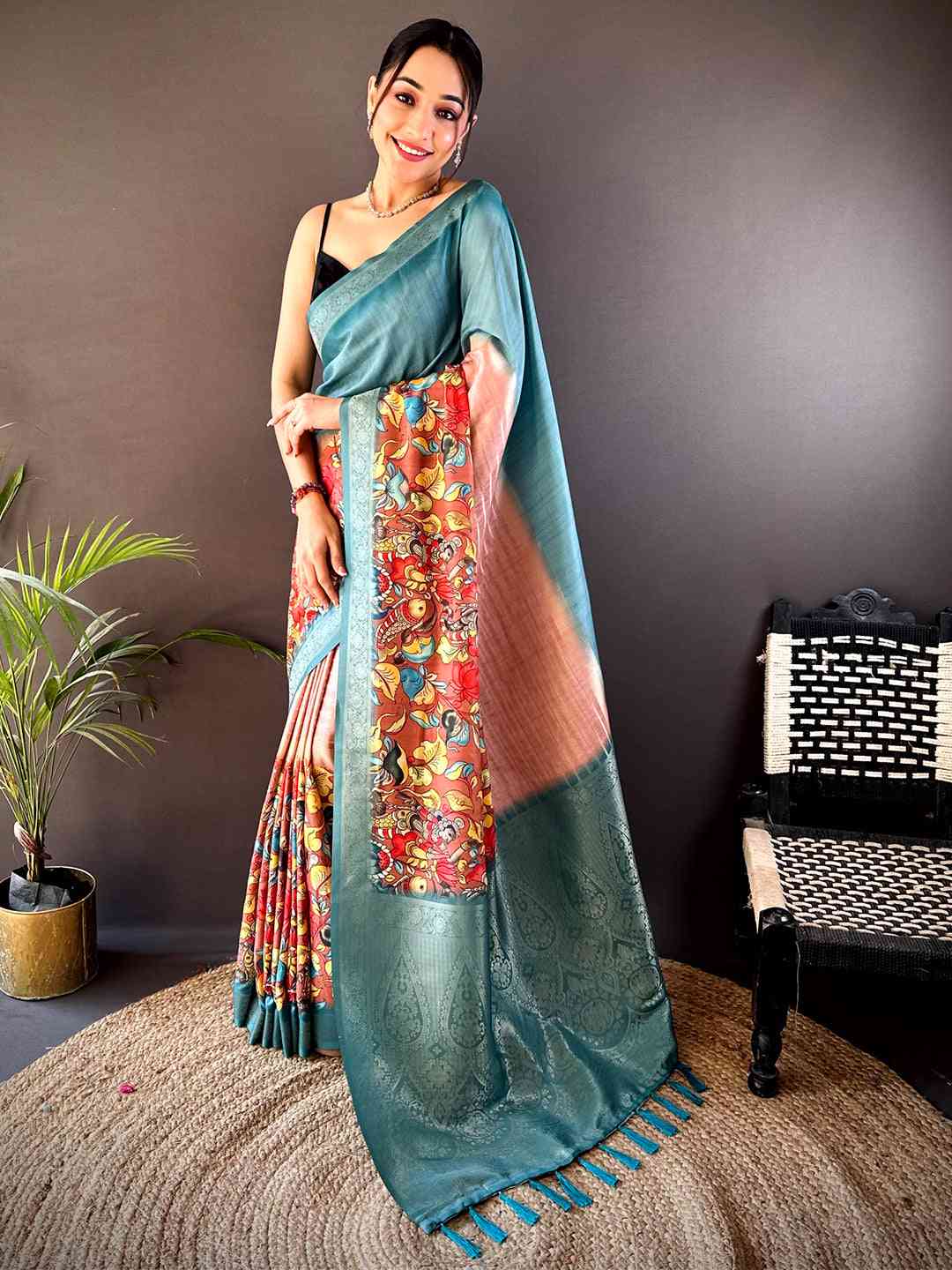 Deep Teal Kalamkari Ombre Soft Silk Saree by My Store