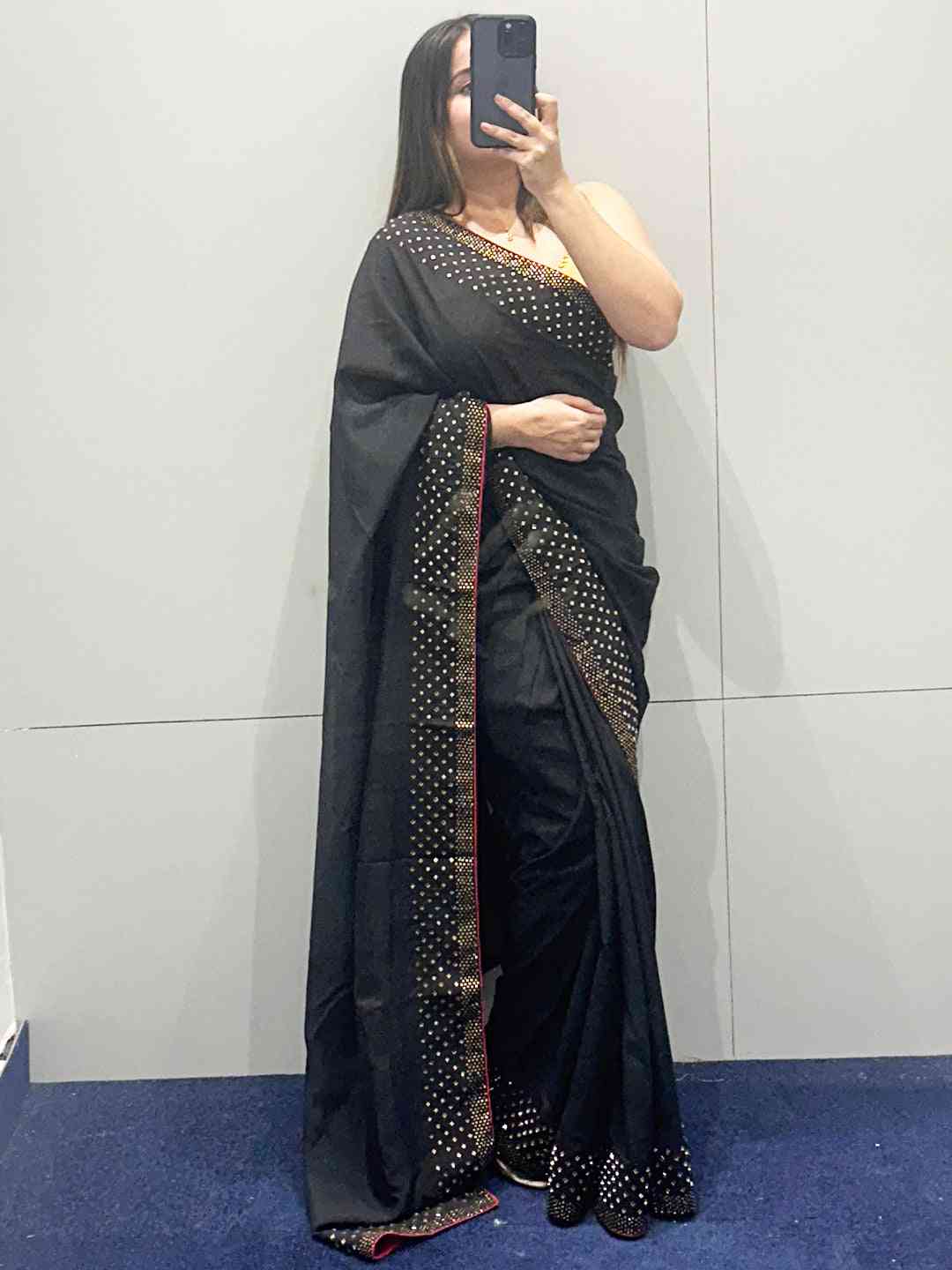 Black colour Vichitra Silk Saree With Embellish Swarovski Stone work