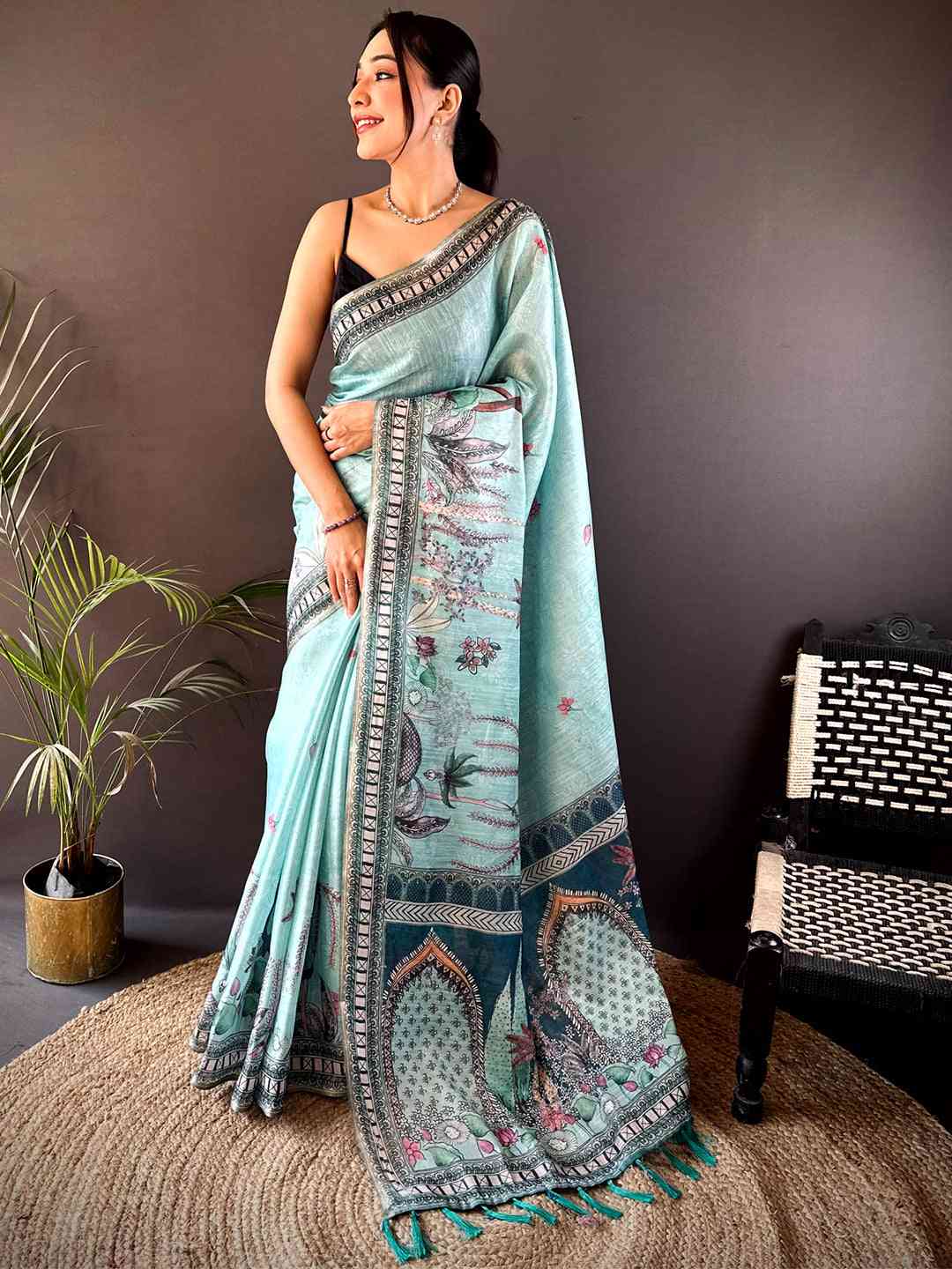 Sky Blue Tissue Floral Leaf Print Saree by My Store
