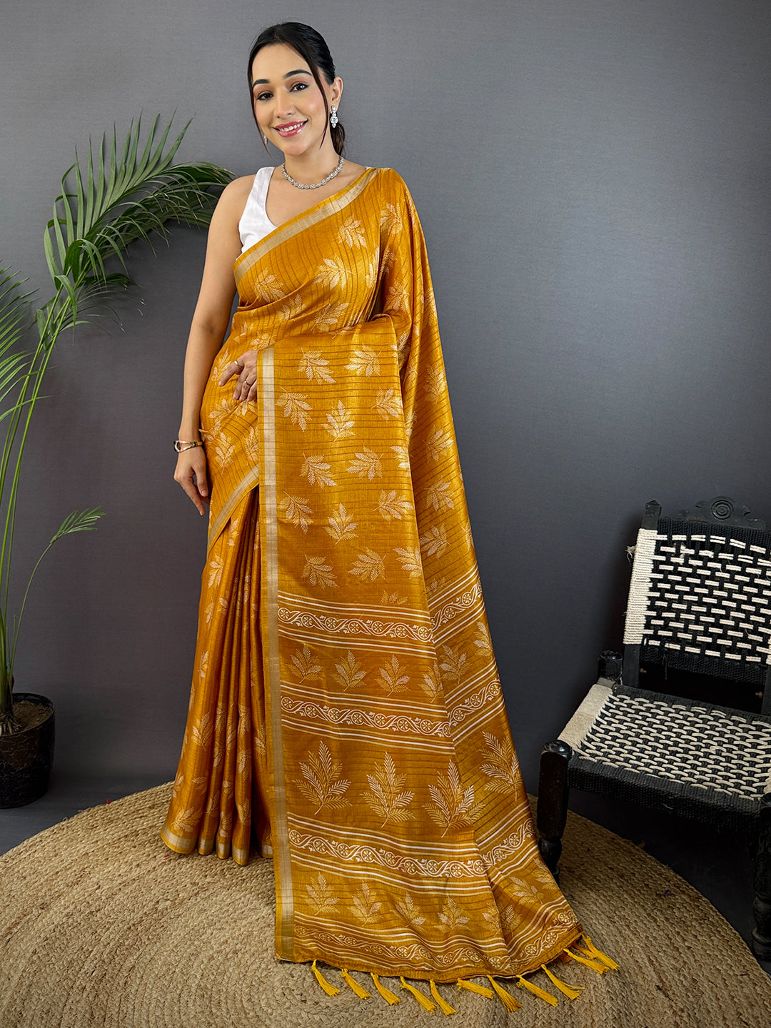 Mustard Leaf Print Ghicha Handloom Saree by My Store
