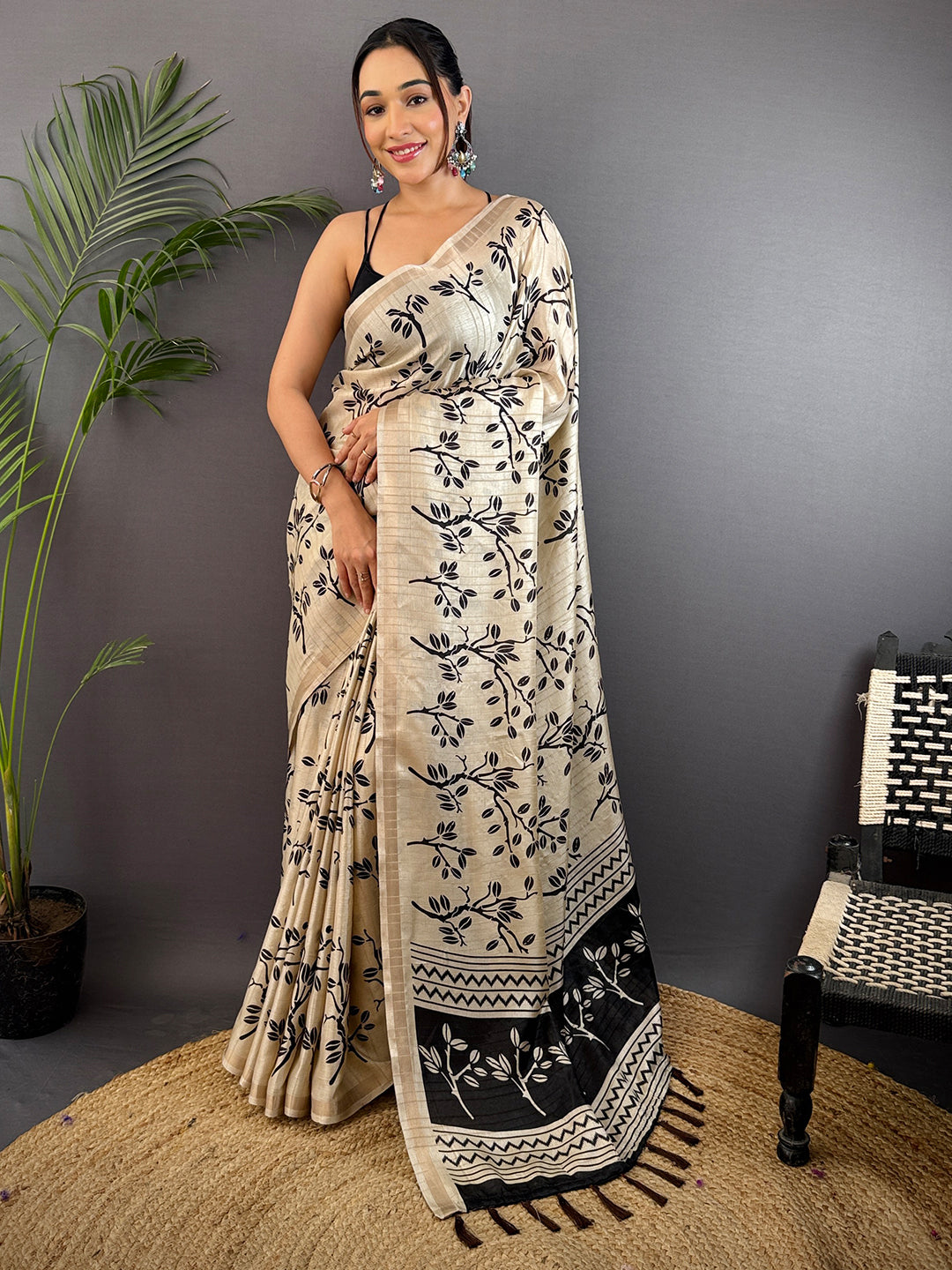 Cream Ghicha Leaf Print Saree by My Store