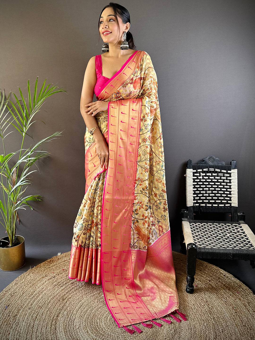 Golden Beige Paithani Kora Silk Saree by My Store