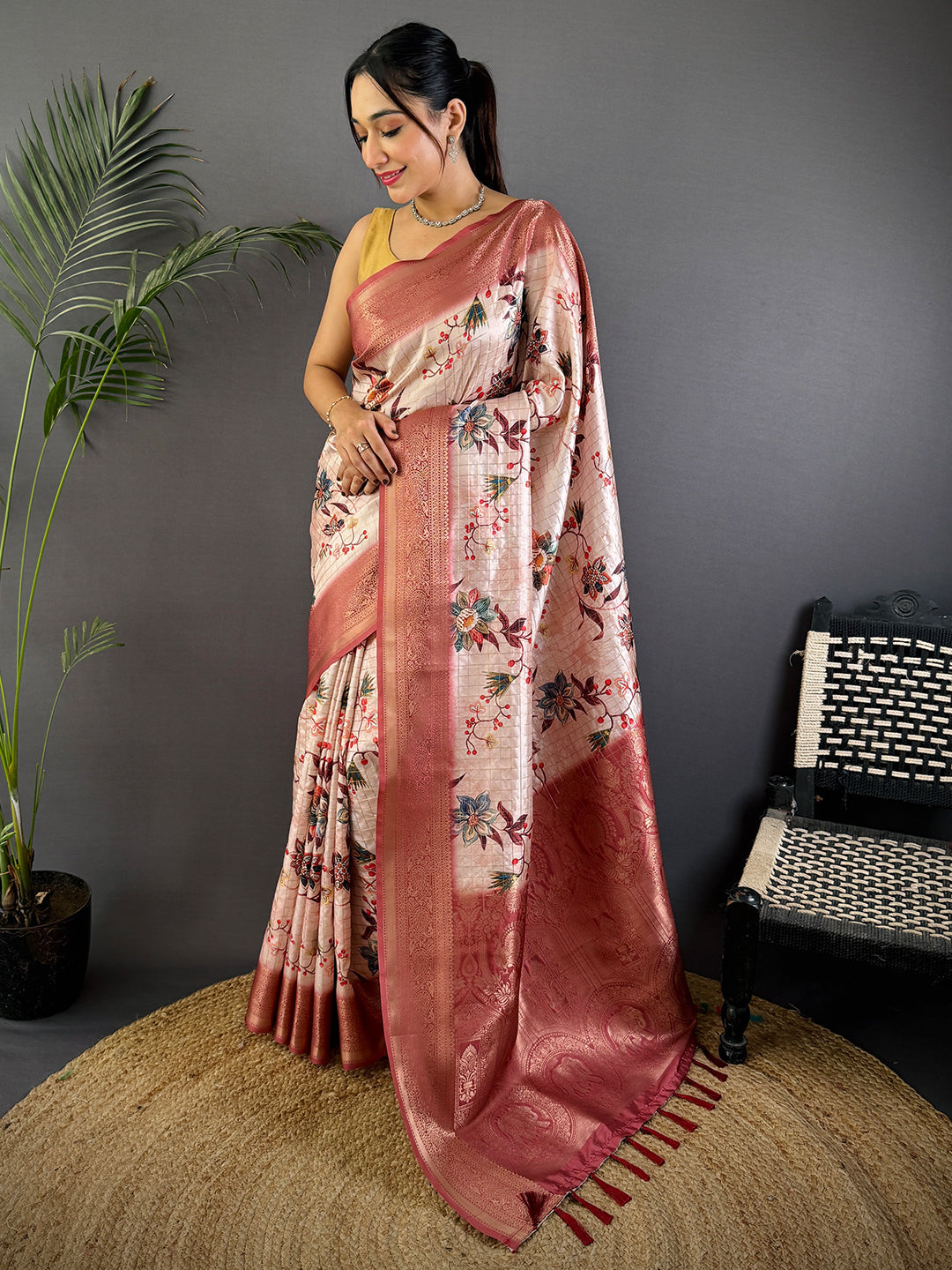 Pink Freehand Design Gadwal Saree by My Store