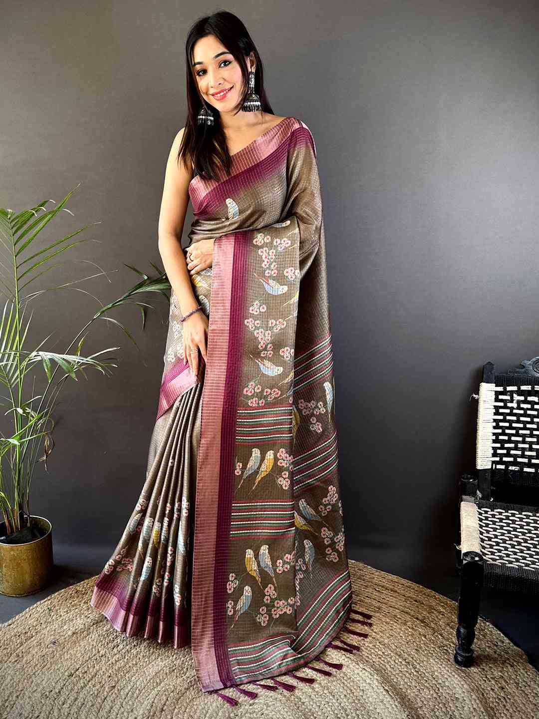 Brown Chanderi Check Sparrow Print Saree by My Store