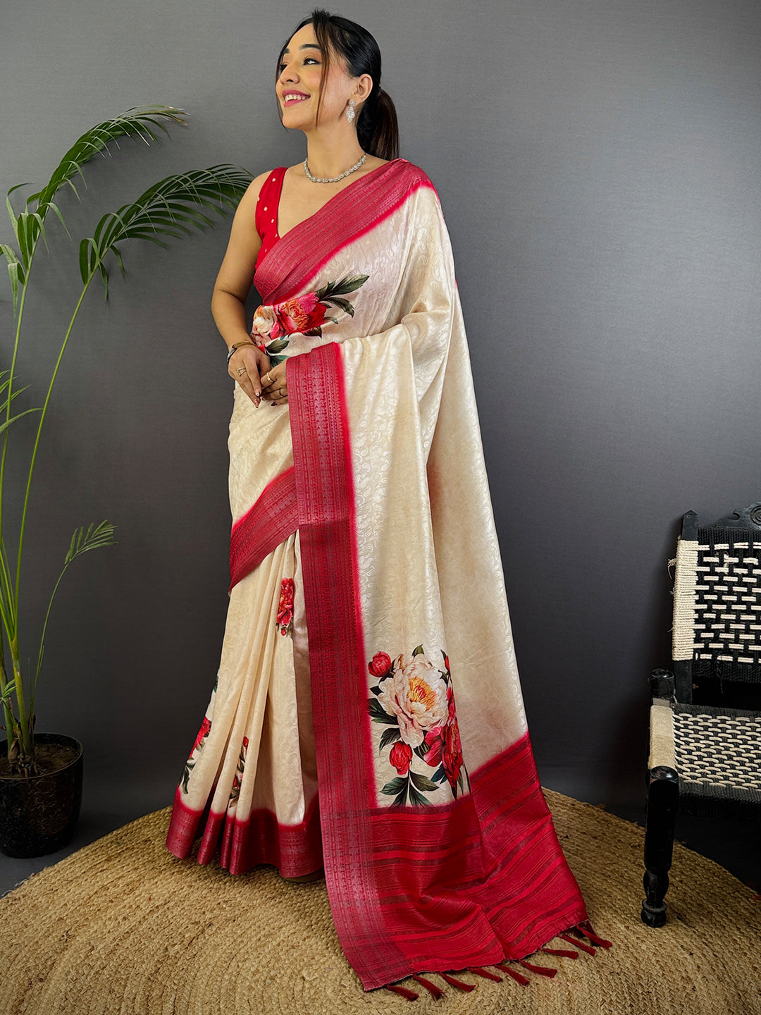 Off White Digital Print Soft Dola Silk Saree by My Store