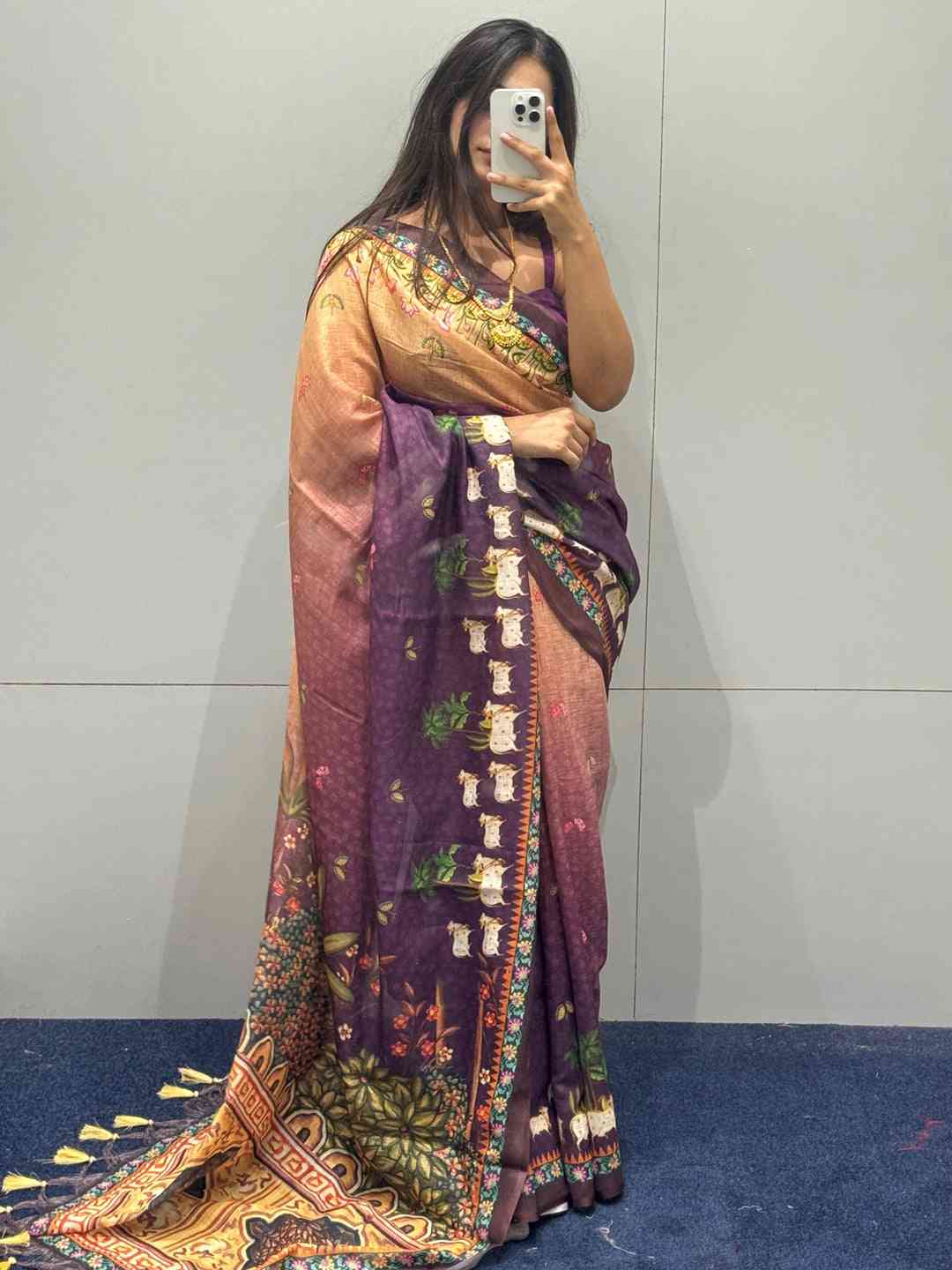 Soft Linen Ombre Pichwai Printed Purple Colour Saree by My Store