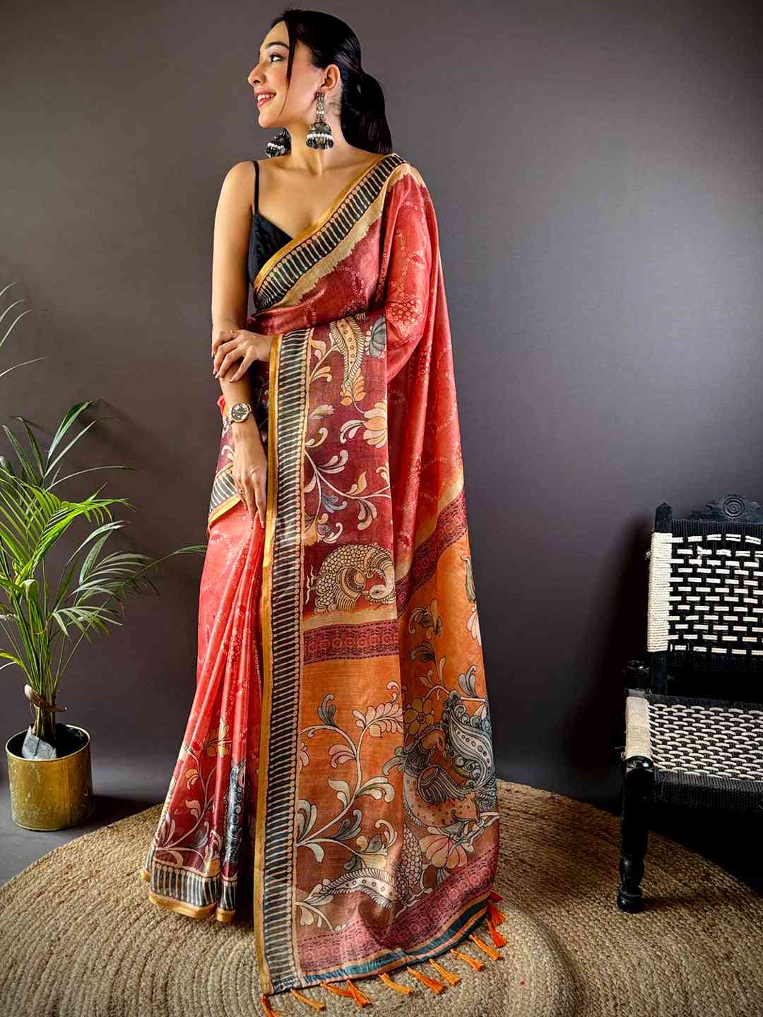 Rose Red Floral Chanderi Saree by My Store