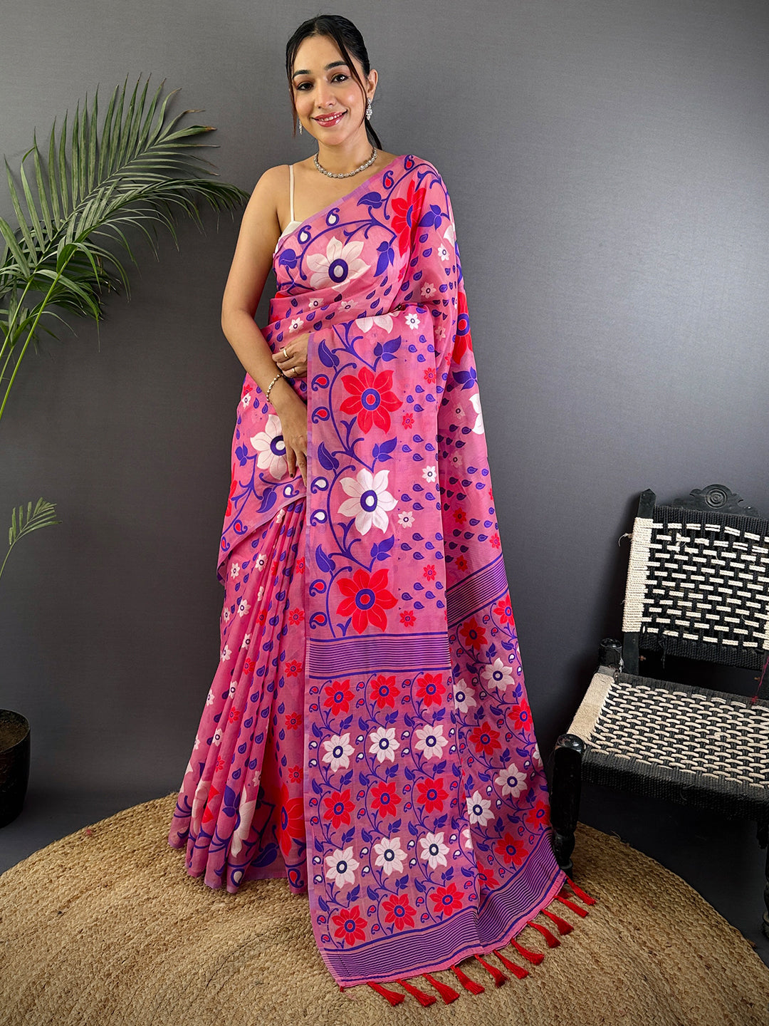 Rose Pink Dhakai Jamdani Cotton Silk Saree by My Store
