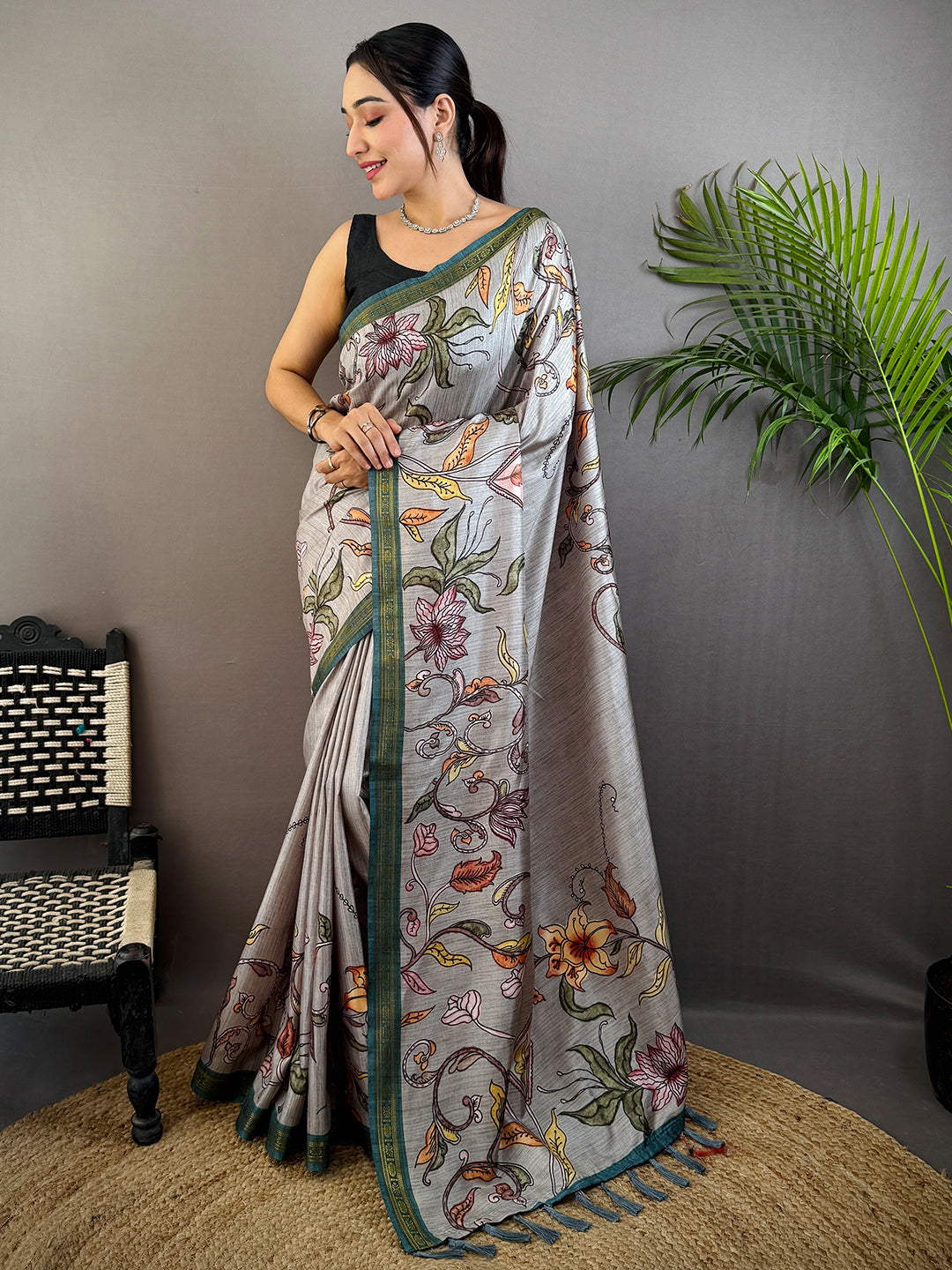 Grey Soft Silk Floral Print Saree by My Store