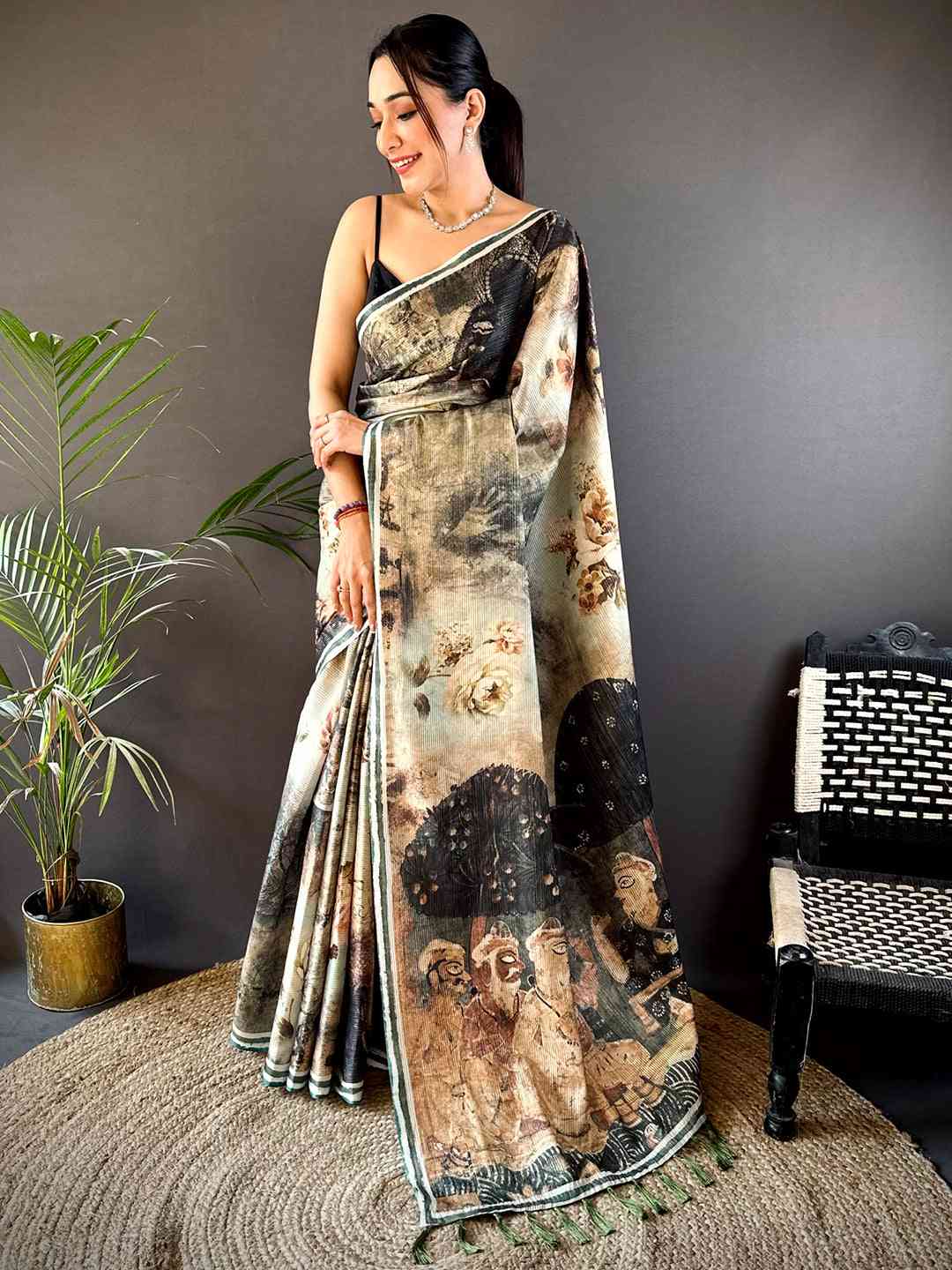 Green Gold Zari Tussar Batik Print Saree by My Store