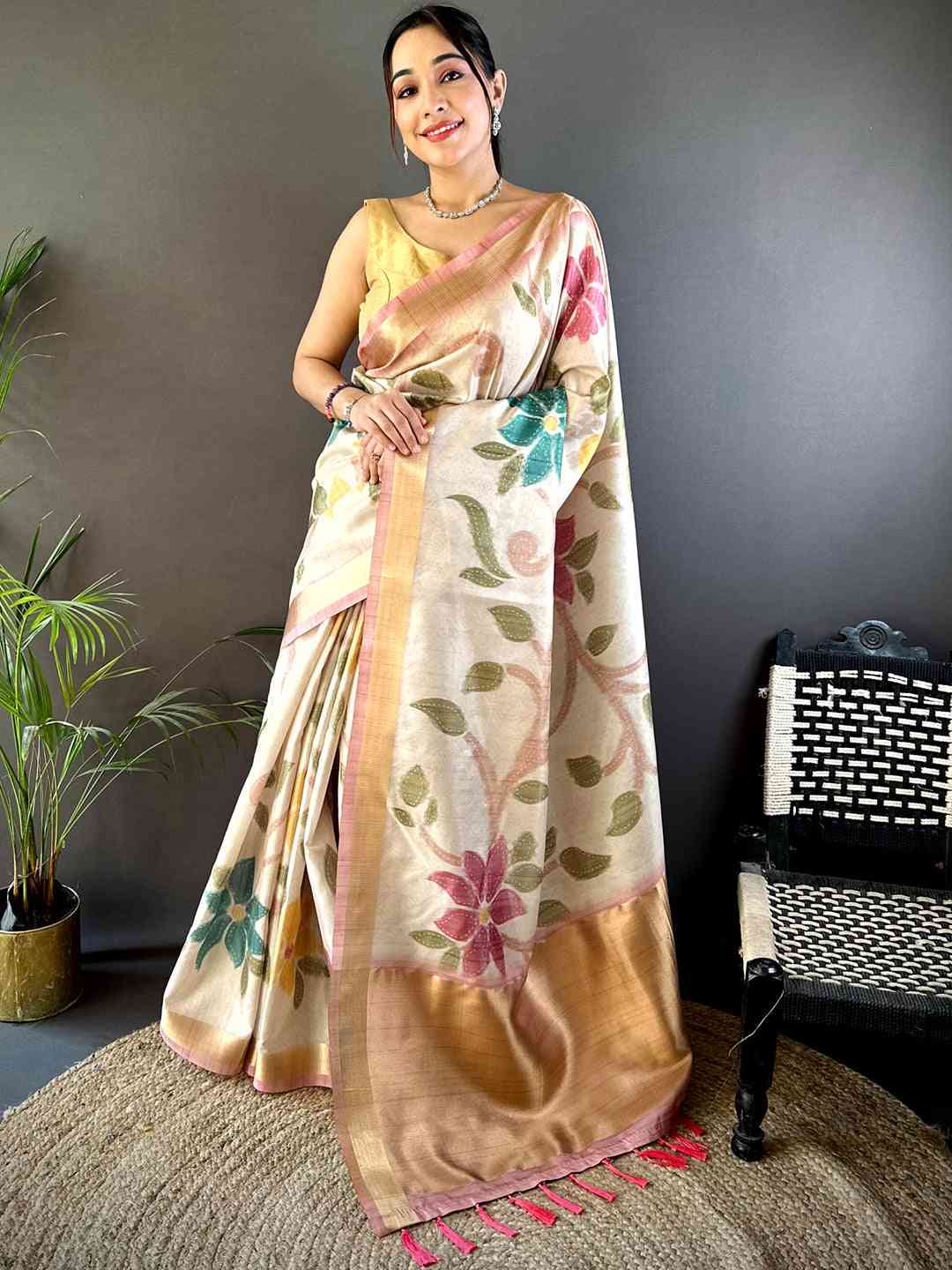 Cream Soft Silk Tissue Floral Print Saree by My Store