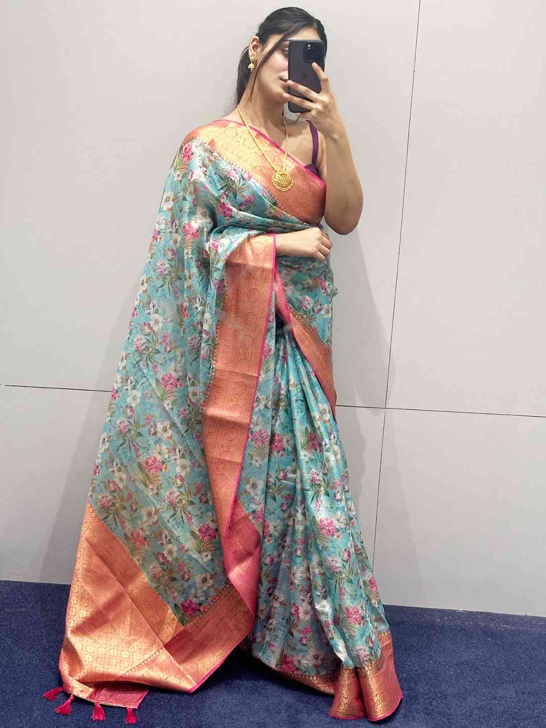 Trendy Turquoise Colour Digital Flower Print Kota Silk Saree