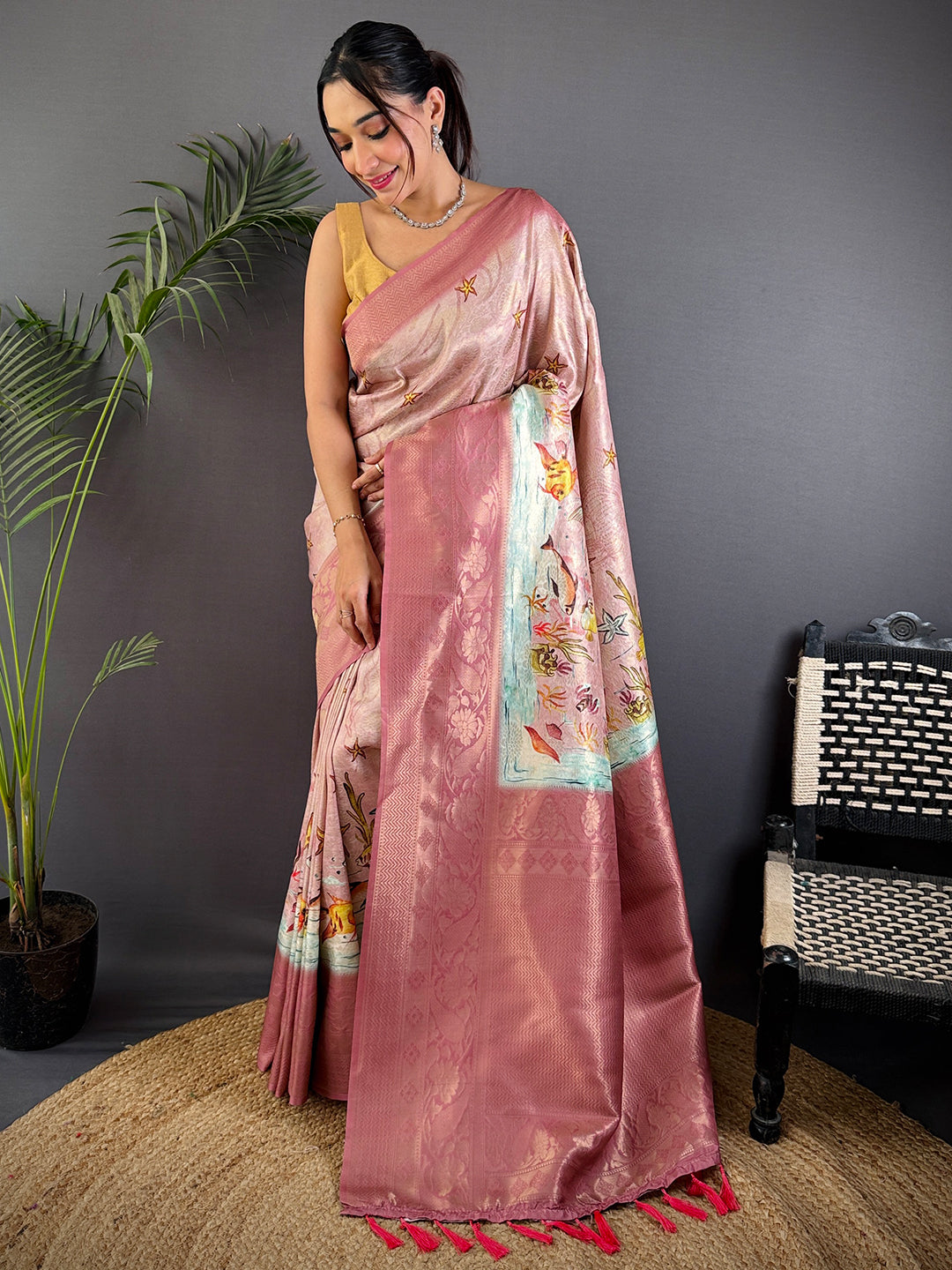 Rust Pink Kanjivaram Silk Digital Print Saree by My Store