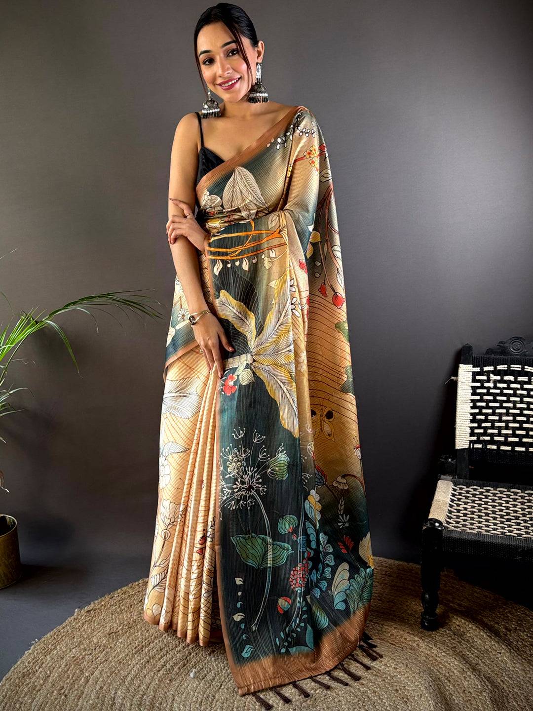 Peach Semi Gold Zari Botanical Tussar Saree by My Store