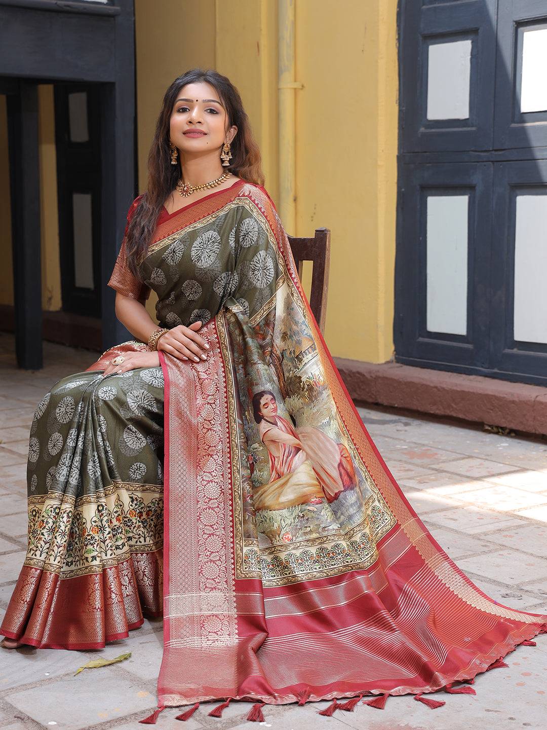 Olive Pure Viscose Dola Silk Saree With Kalamkari And Mughal Print - Luxe by My Store