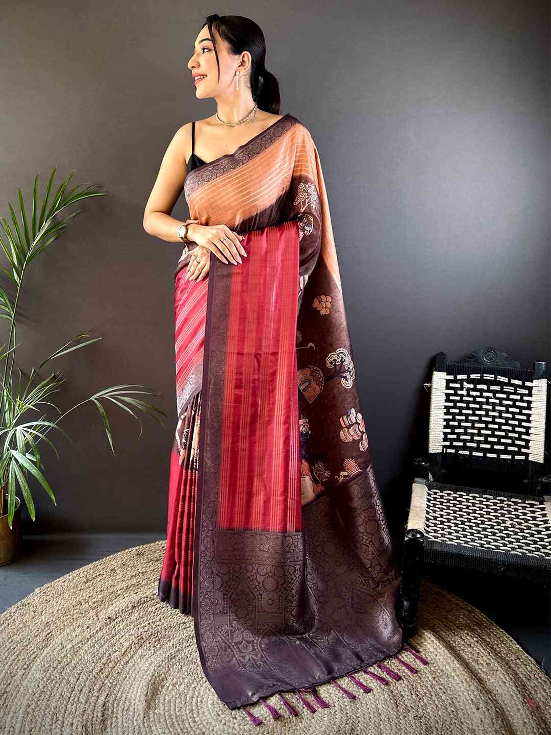Deep Red Soft Crepe Silk Digital Ombre Saree by My Store