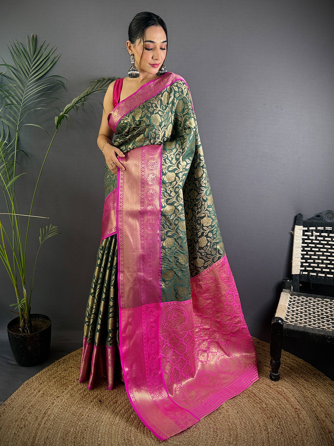 Green Floral Zari Banarasi Kanjivaram Silk Saree by My Store