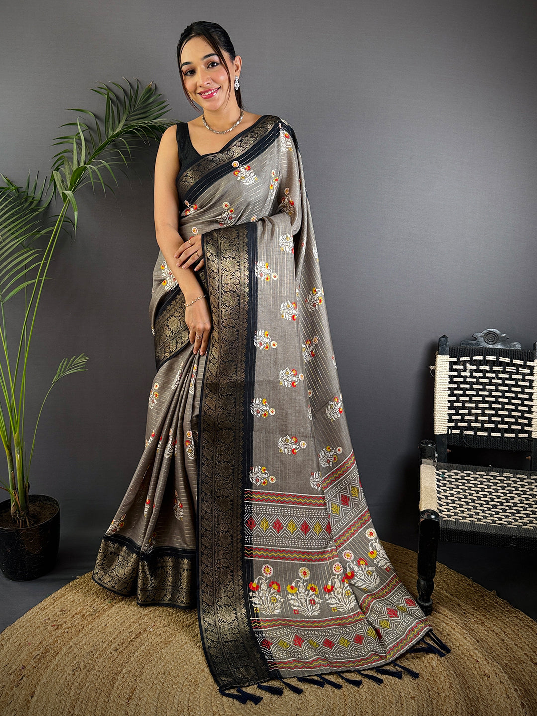 Grey Dola Silk Ajrakh Saree by My Store