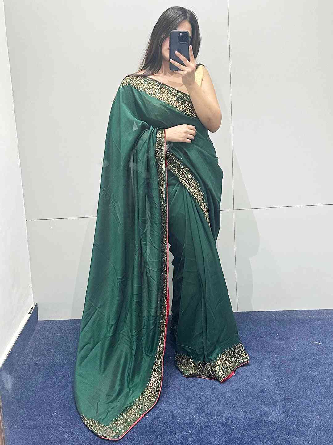 Green colour Vichitra Silk Saree With Embellish Swarovski Stone work by My Store