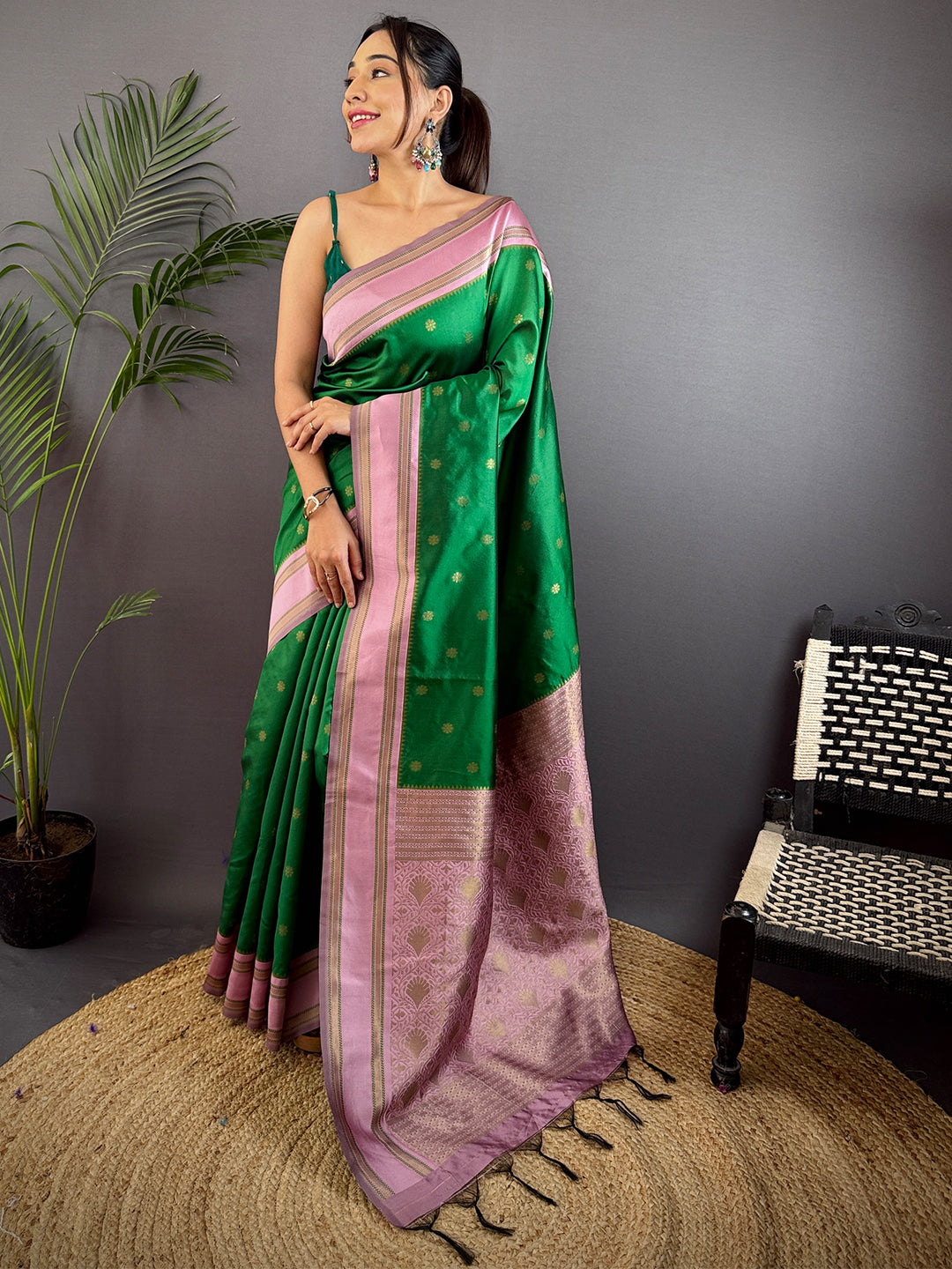 Green Silk Blend Floral Saree by My Store