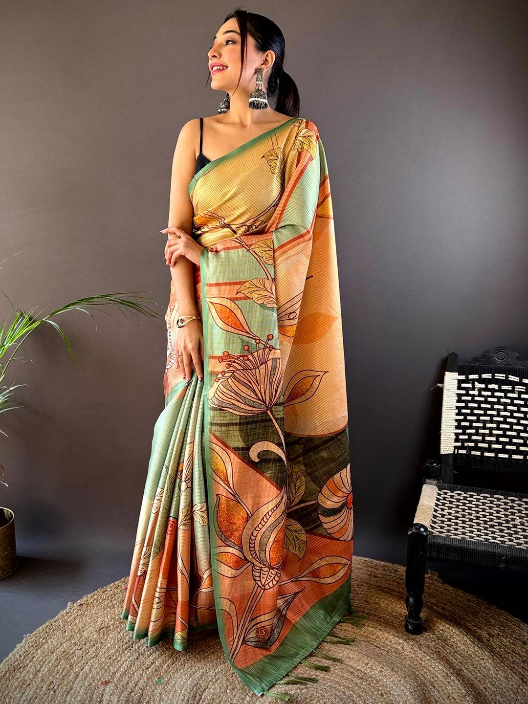Jade Green Zari Tussar Printed Saree by My Store
