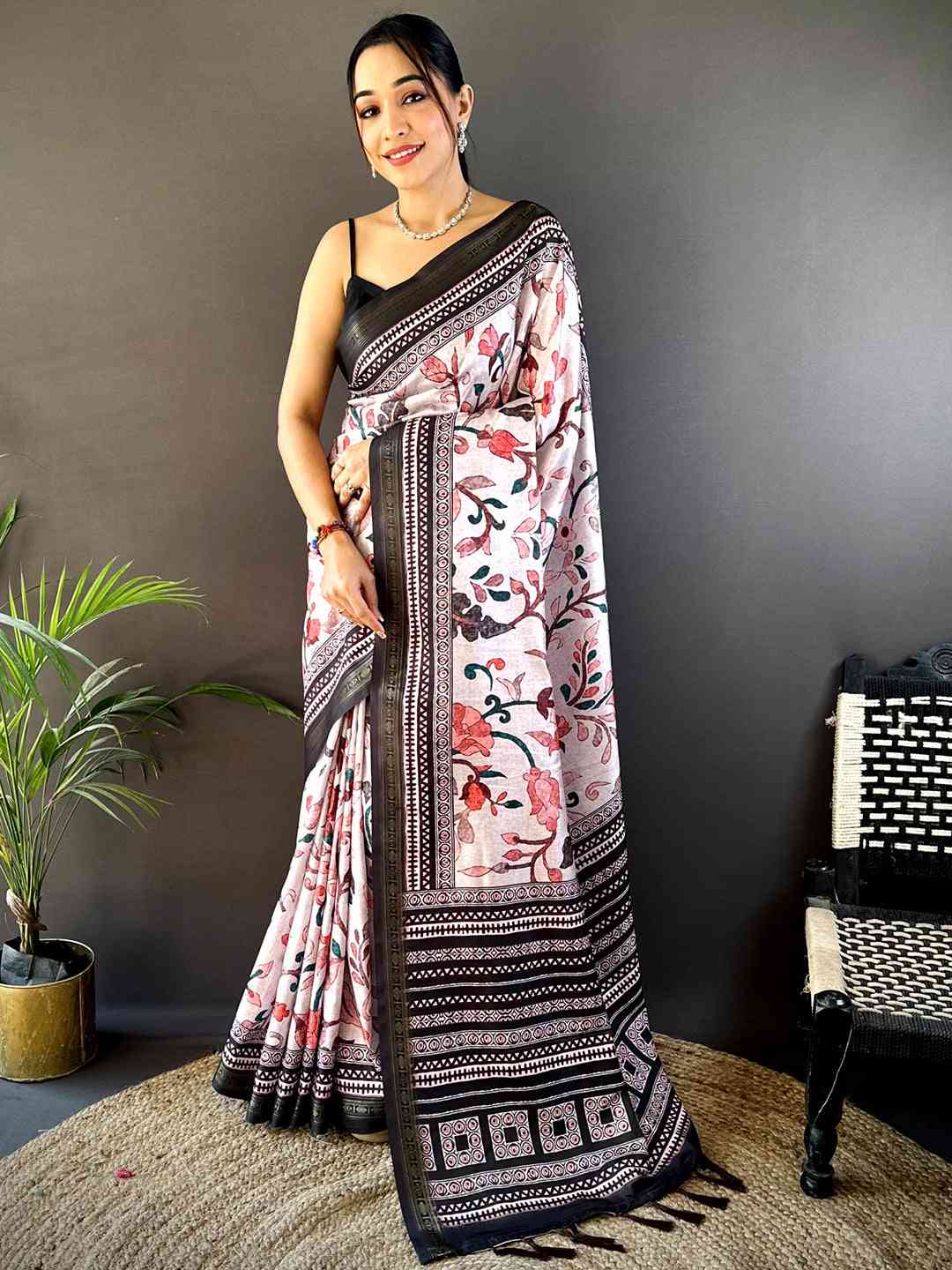 Off White Soft Silk Kalamkari Print Saree by My Store