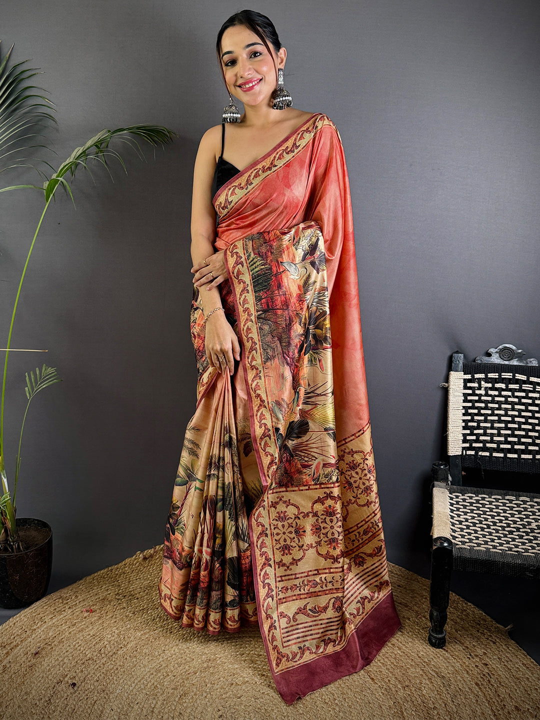 Red Soft Dola Silk Printed Saree by My Store