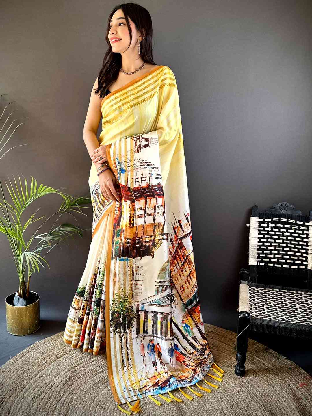 Lime Yellow Japanese Freehand Digital Print Saree by My Store