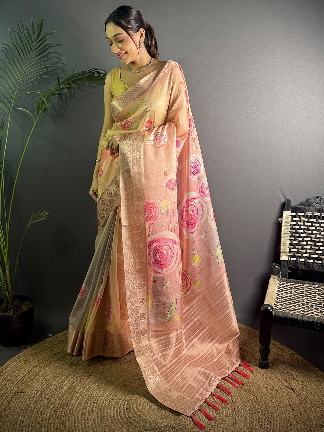 Light Pink Soft Organza Silk Floral Saree by My Store