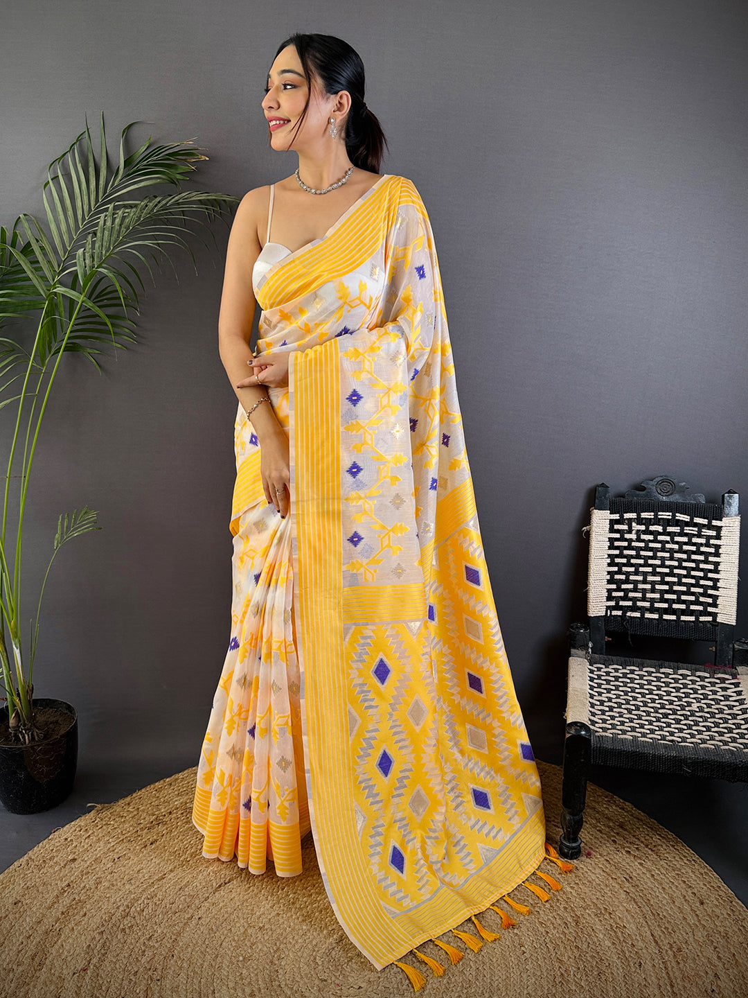 Elegant Yellow Soft Cotton Silk Jamdani Saree by My Store