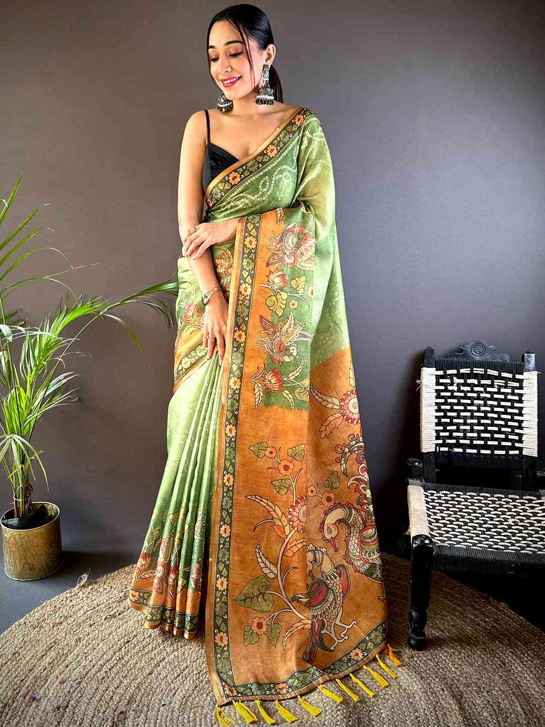 Pista Tissue Bandhej Kalamkari Saree by My Store