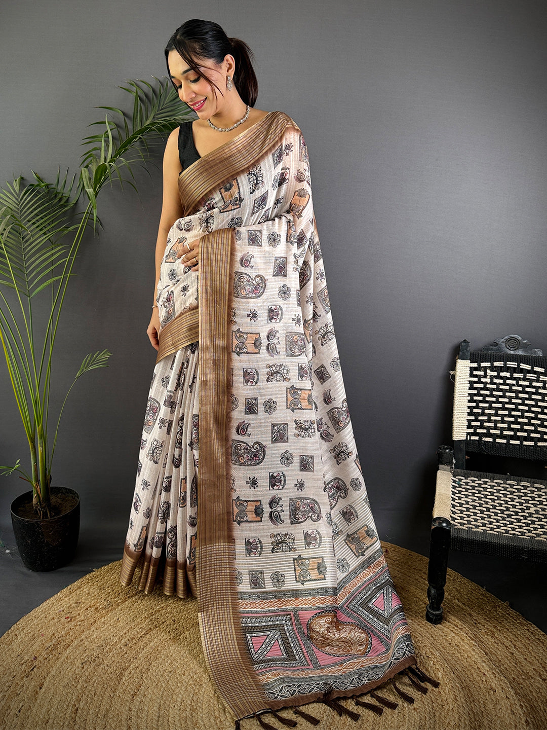 Beige Linen Digital Printed Saree