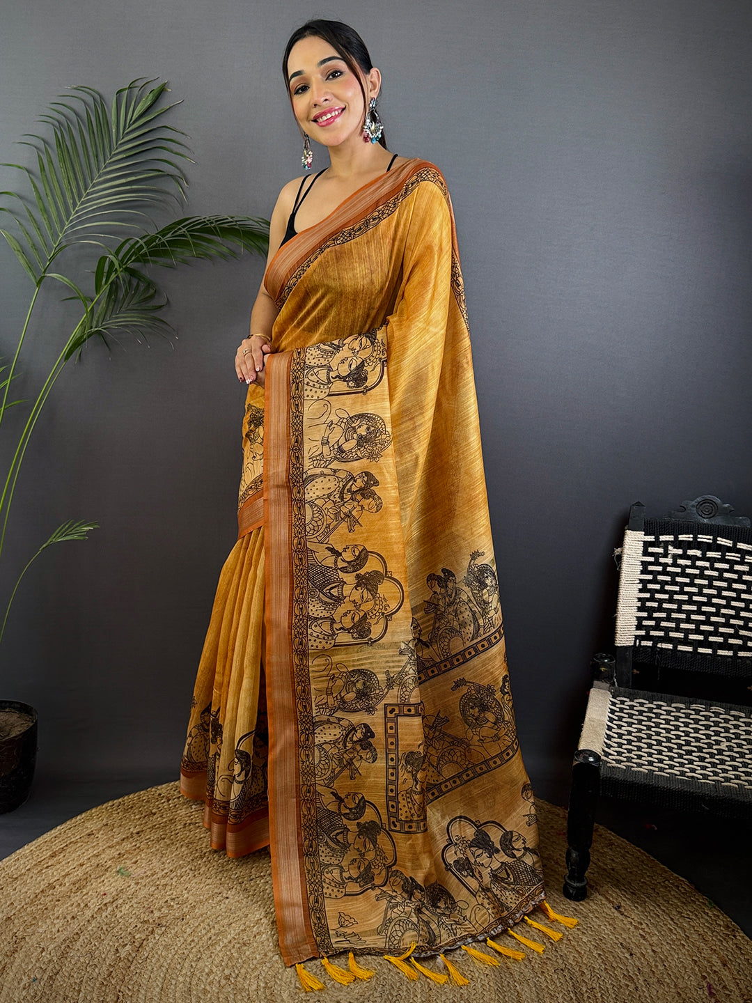 Mustard Linen Kalamkari Printed Saree by My Store