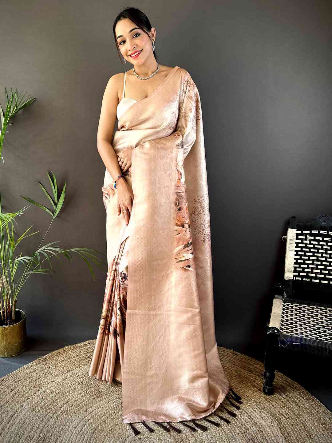 Beige Kanjivaram Digital Silk Saree