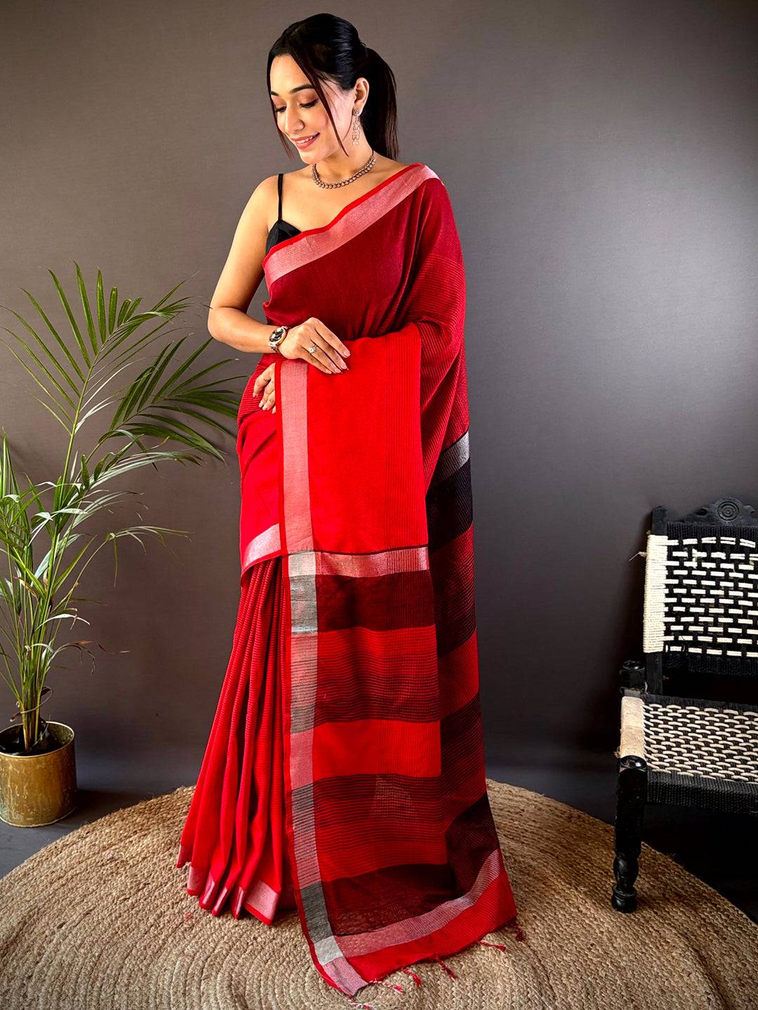Red Stylish Linen Saree With Zari Border by My Store